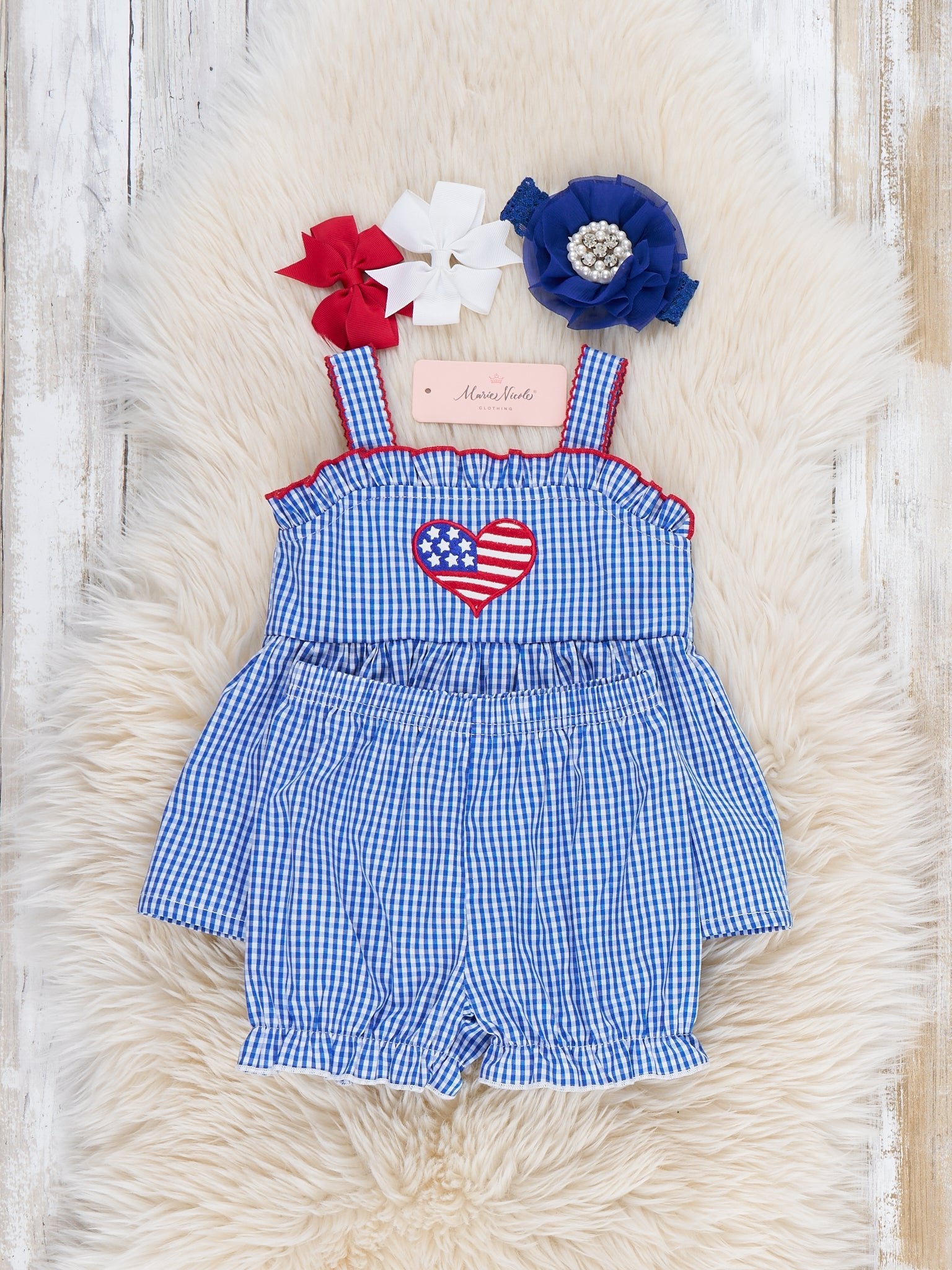 Freedom Heart Embroidered 100% Cotton Ruffle Bloomers Outfit - Marie Nicole Clothing