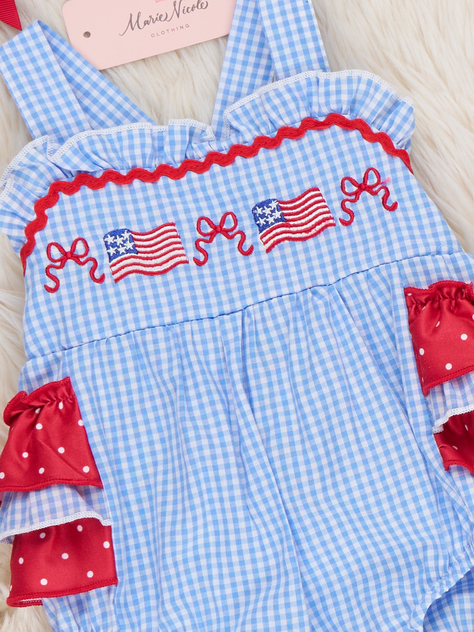 Patriotic Flag & Bows Embroidered 100% Cotton Bubble Romper - Marie Nicole Clothing