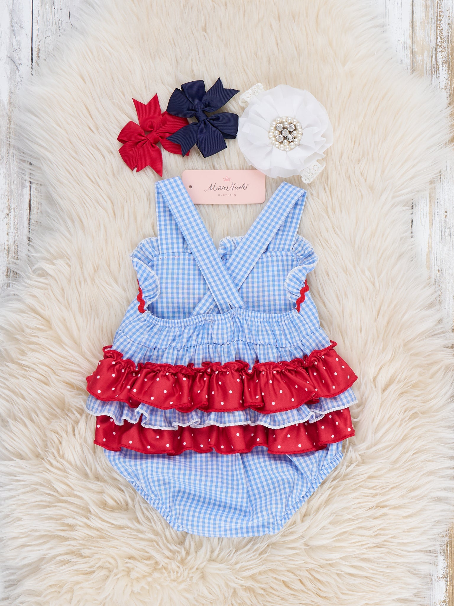 Patriotic Flag & Bows Embroidered 100% Cotton Bubble Romper - Marie Nicole Clothing