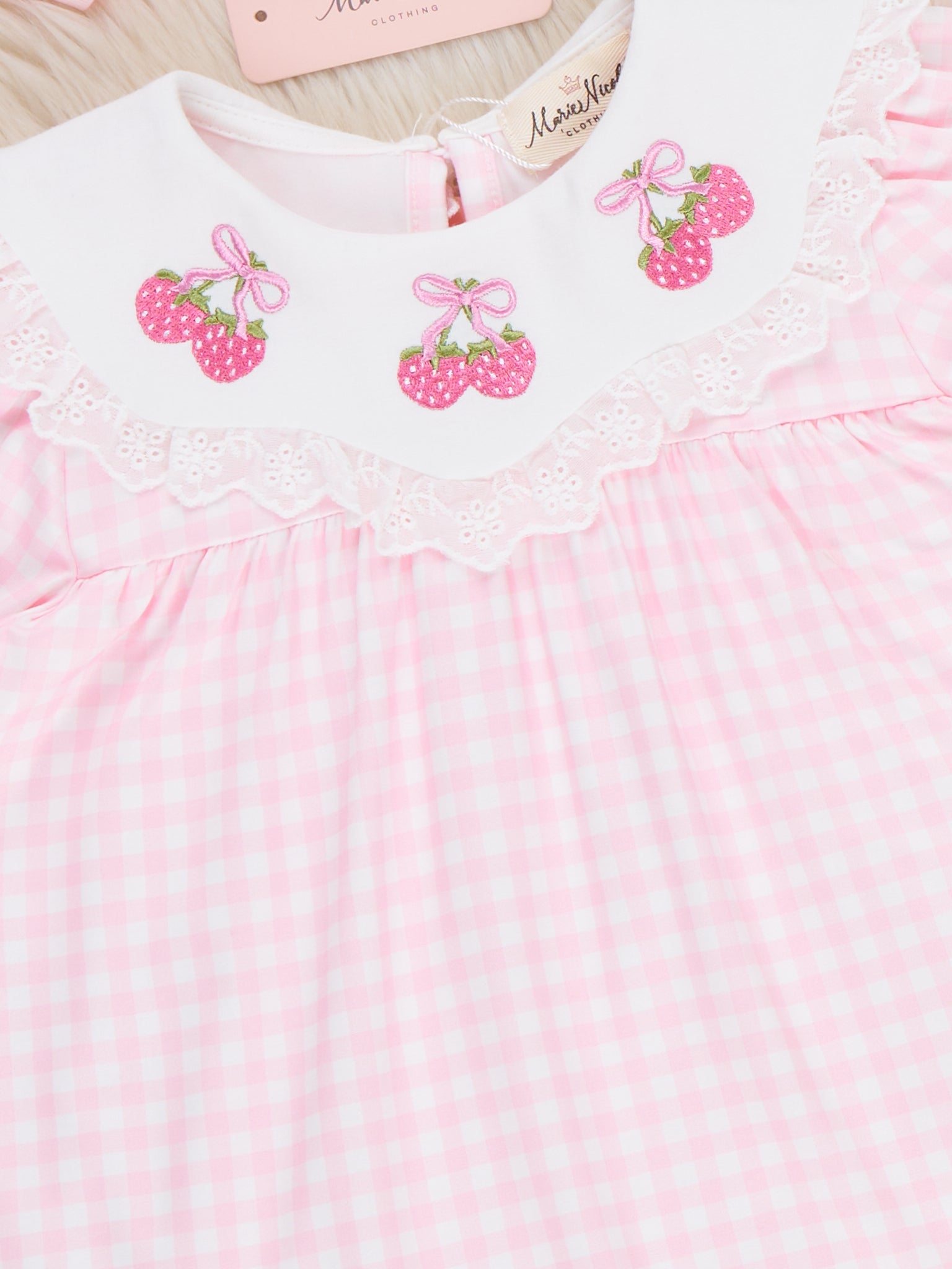 Sweet Strawberries Embroidered Gingham Dress - Marie Nicole Clothing