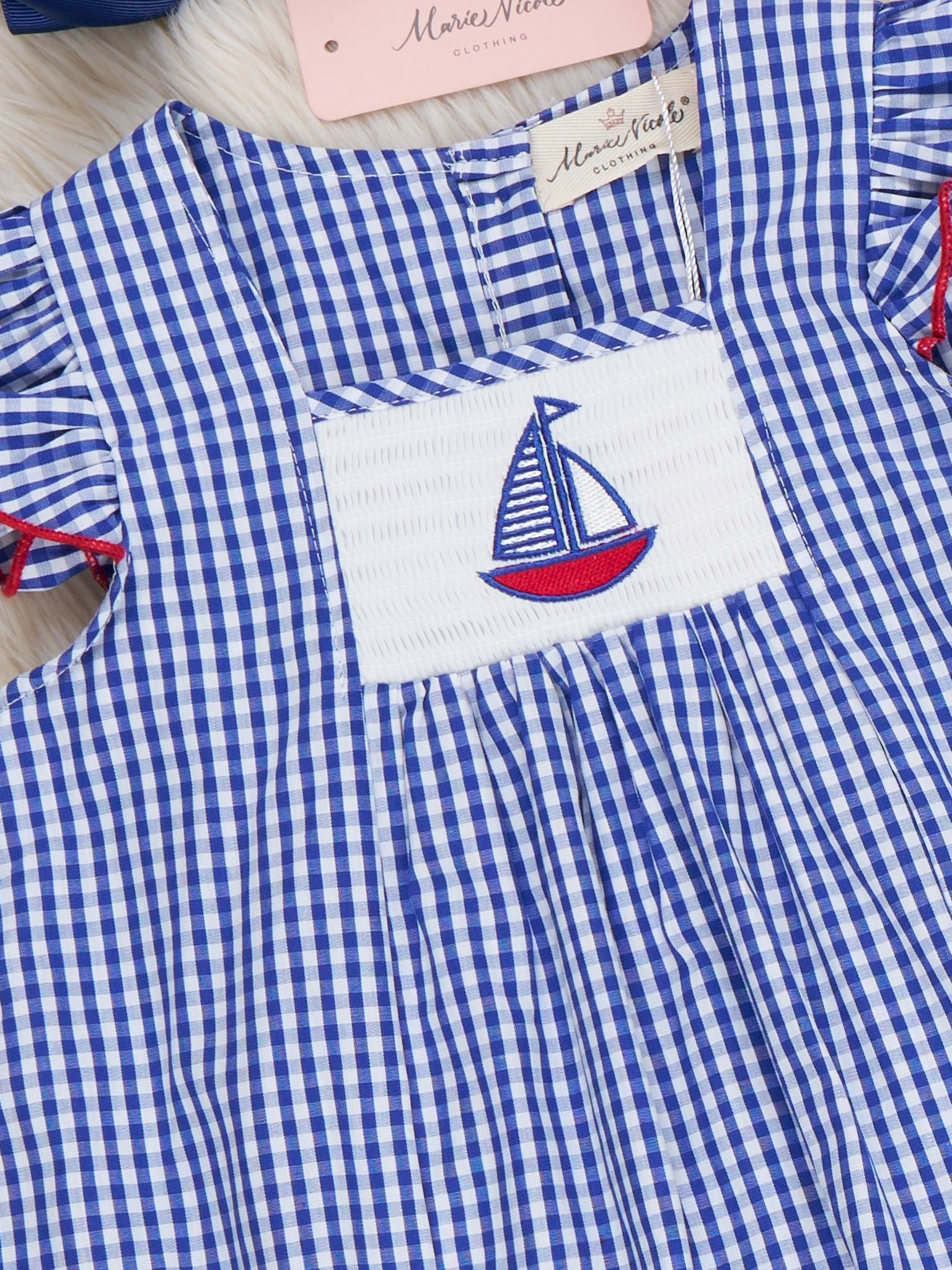 Sailboat Gingham Smocked Ruffle Outfit - Marie Nicole Clothing