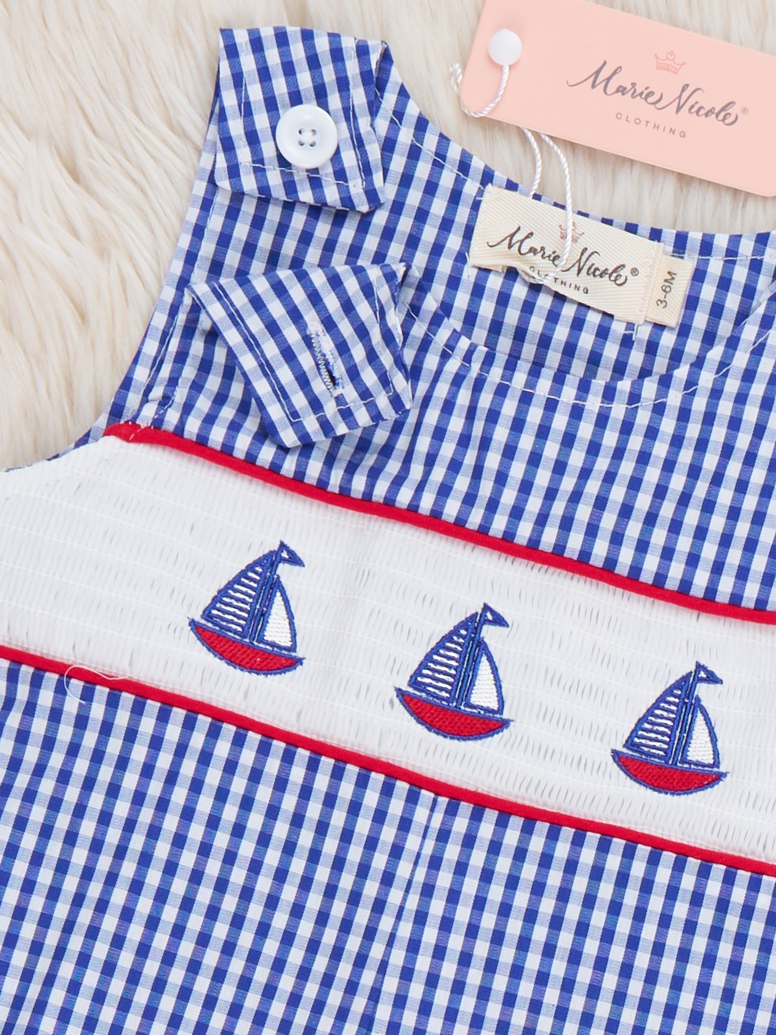 Sailboat Gingham Smocked Johnny - Marie Nicole Clothing