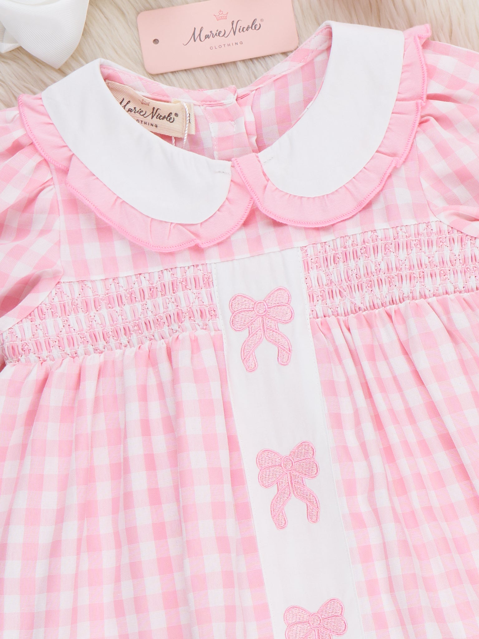 Pretty Bows Gingham Embroidered Dress - Marie Nicole Clothing