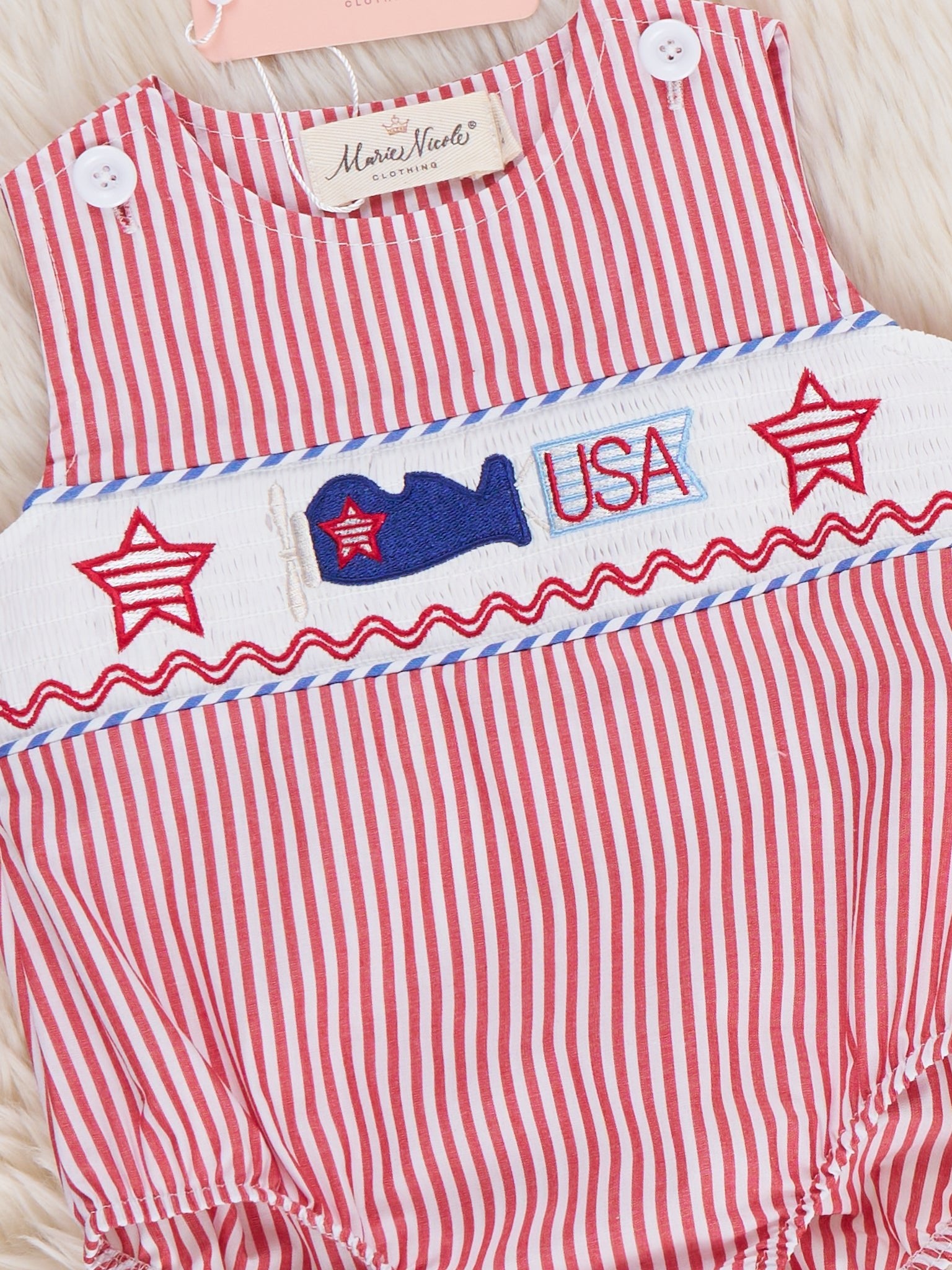 Freedom Flight Smocked Striped 100% Cotton Romper - Marie Nicole Clothing