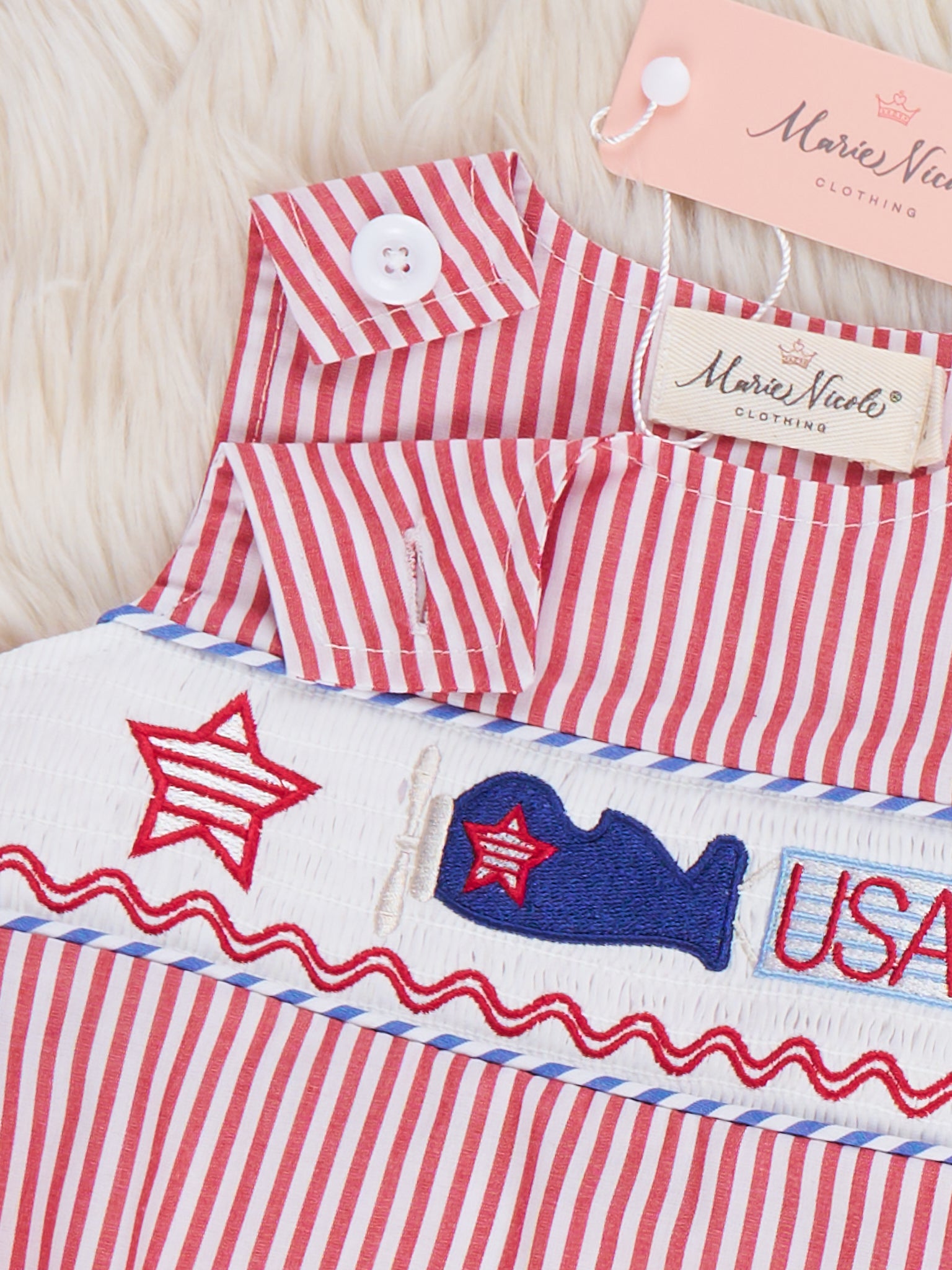 Freedom Flight Smocked Striped 100% Cotton Romper - Marie Nicole Clothing