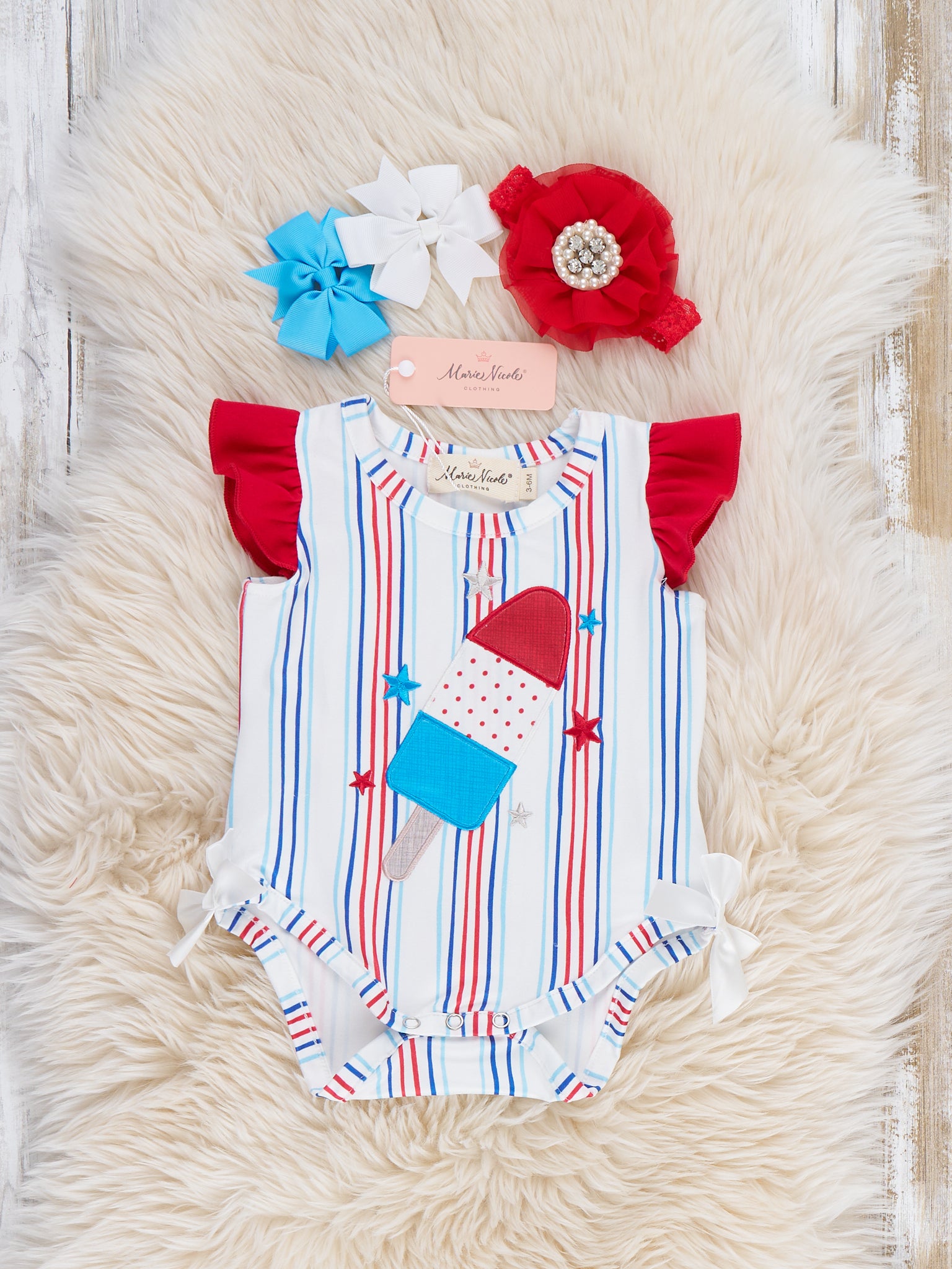 Star Popsicle Embroidered Striped Romper - Marie Nicole Clothing