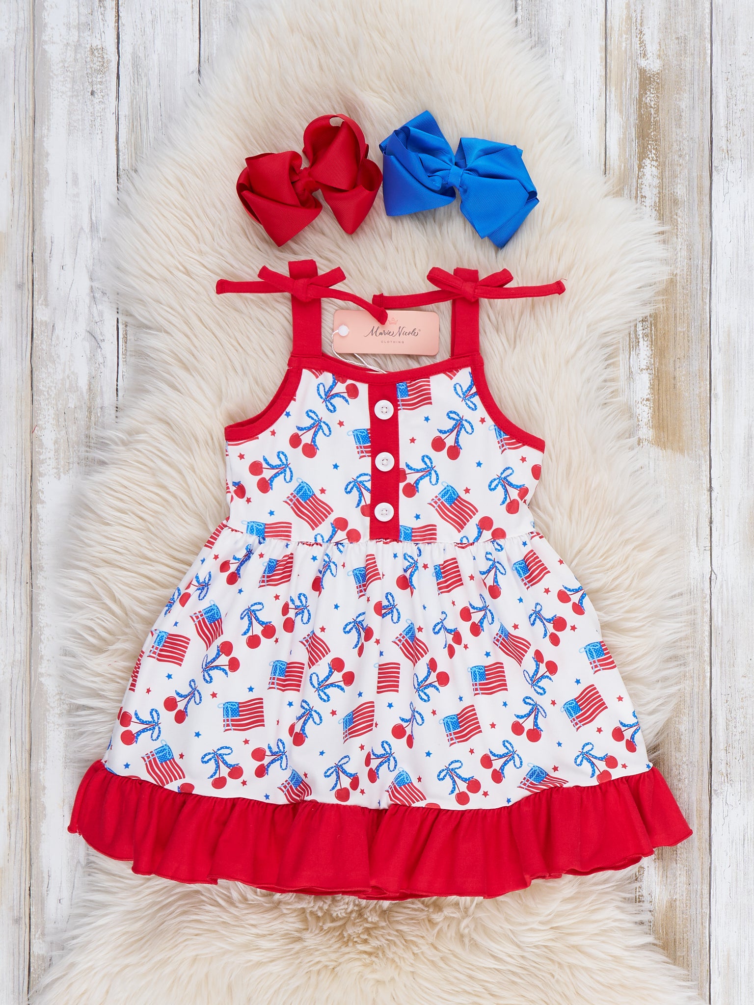 Cherry Flag Ruffle Dress - Marie Nicole Clothing