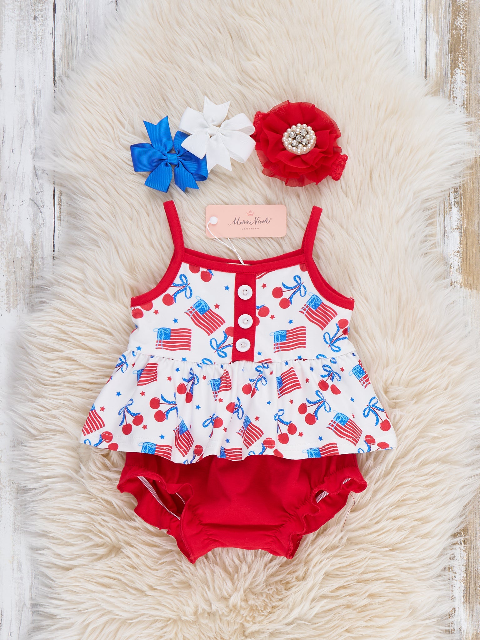 Cherry Flag Ruffle Bloomers Outfit - Marie Nicole Clothing