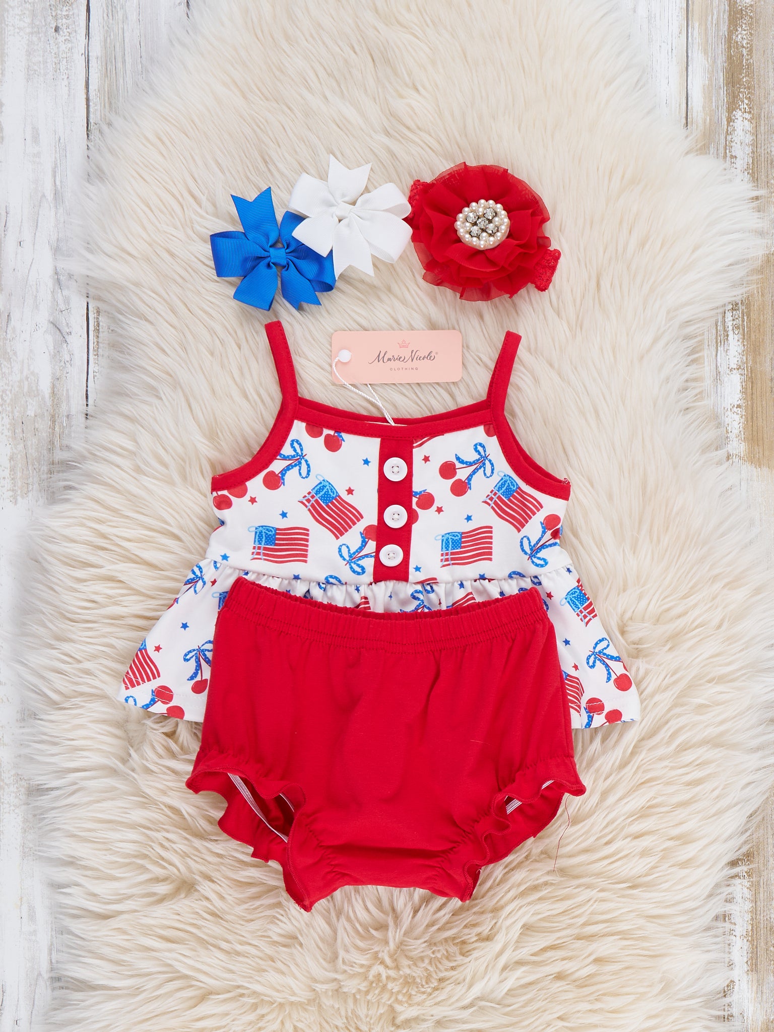 Cherry Flag Ruffle Bloomers Outfit - Marie Nicole Clothing