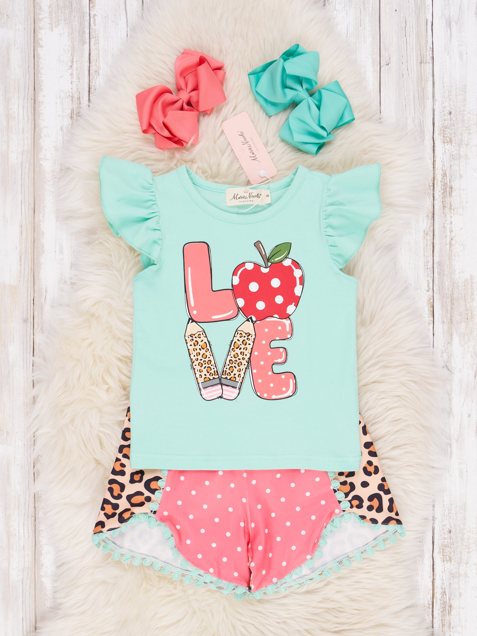 Leopard Polka Dot "LOVE" Apple Ruffle Outfit - Marie Nicole Clothing