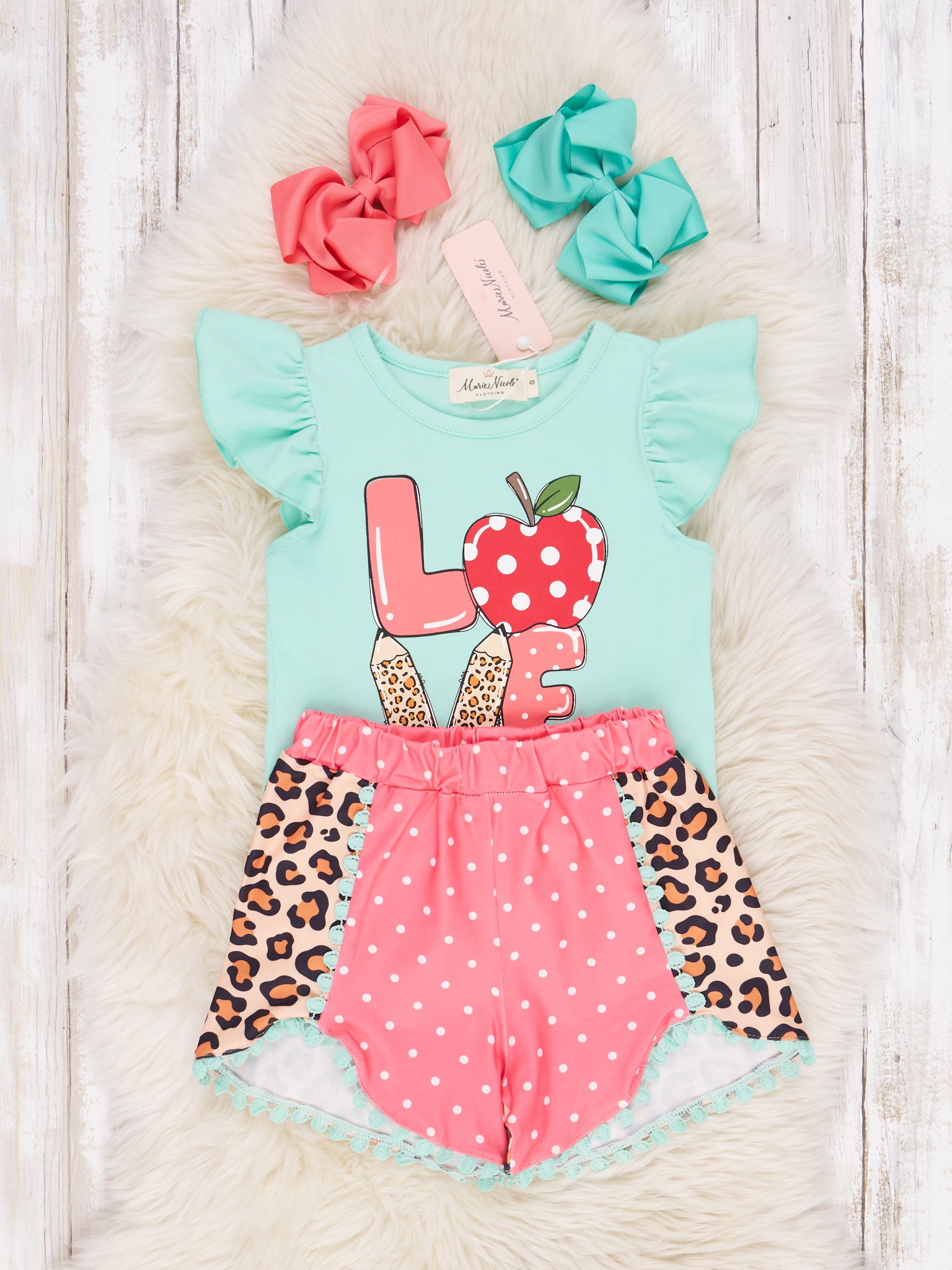 Leopard Polka Dot "LOVE" Apple Ruffle Outfit - Marie Nicole Clothing