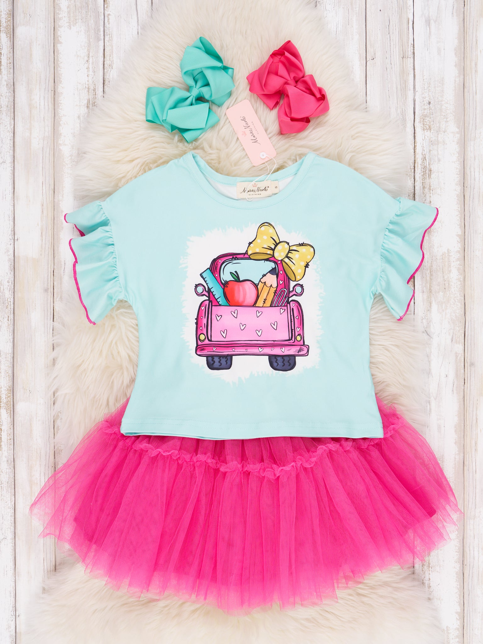 Mint School Truck Tulle Ruffle Outfit - Marie Nicole Clothing