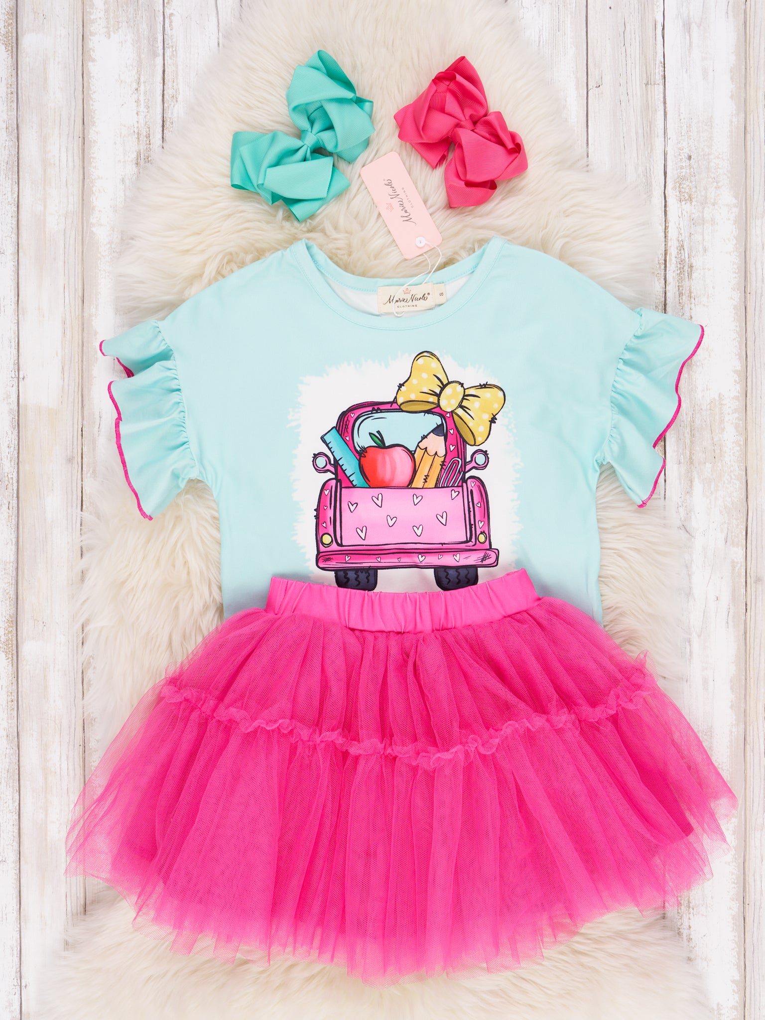 Mint School Truck Tulle Ruffle Outfit - Marie Nicole Clothing