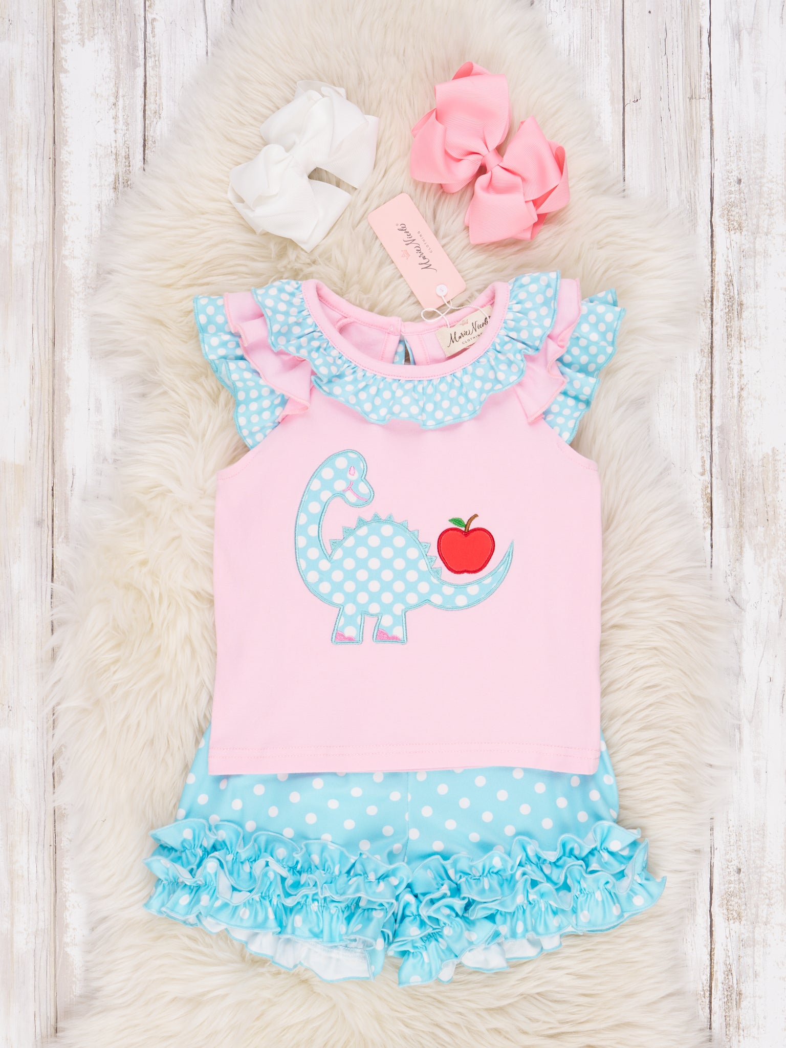 Polka Dot Dino Apple Ruffle Outfit - Marie Nicole Clothing