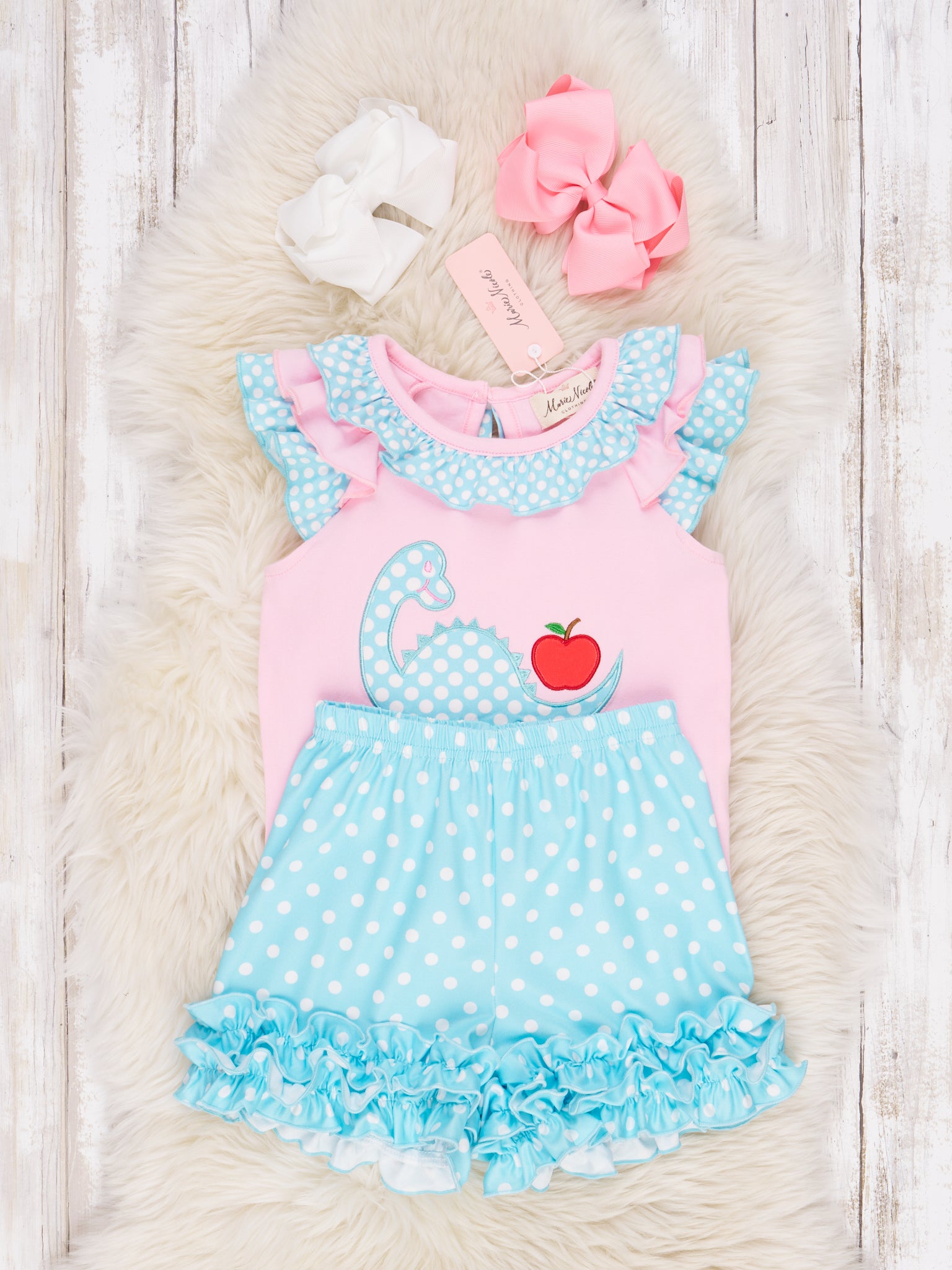 Polka Dot Dino Apple Ruffle Outfit - Marie Nicole Clothing