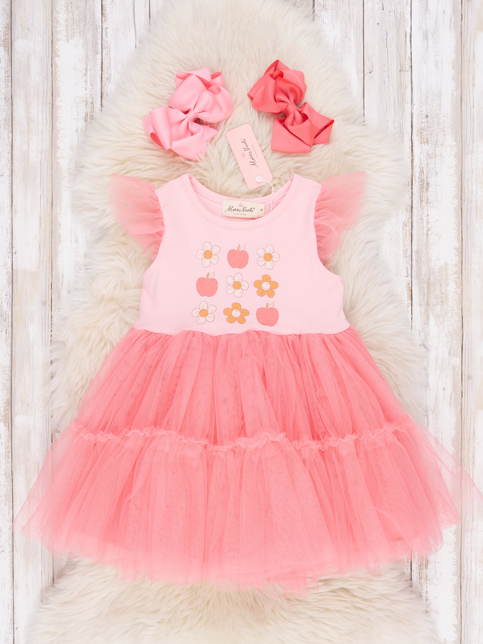 Apples & Flowers Tulle Ruffle Dress - Marie Nicole Clothing