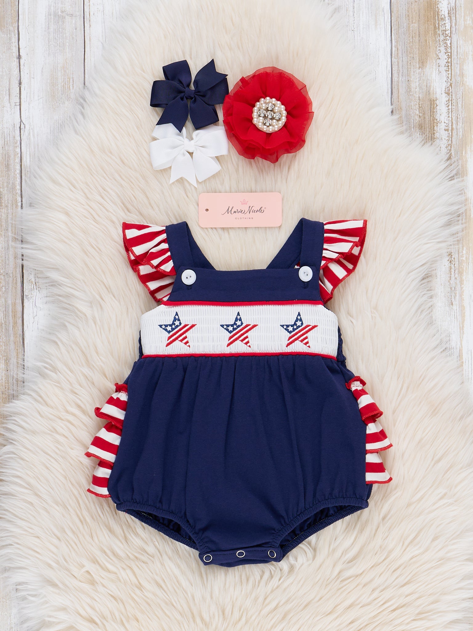 American Stars Smocked Cotton Ruffle Bubble Romper - Marie Nicole Clothing