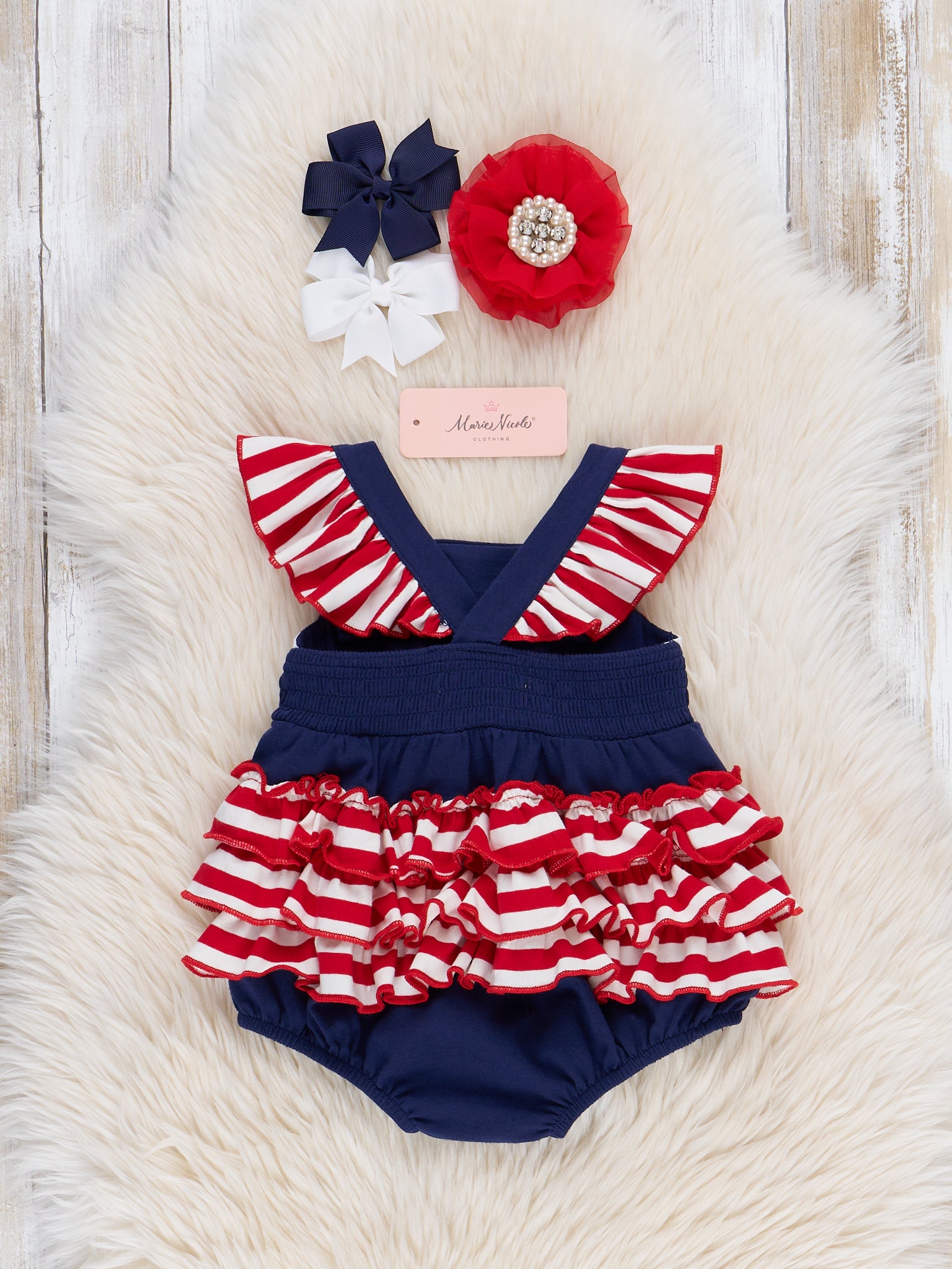 American Stars Smocked Cotton Ruffle Bubble Romper - Marie Nicole Clothing