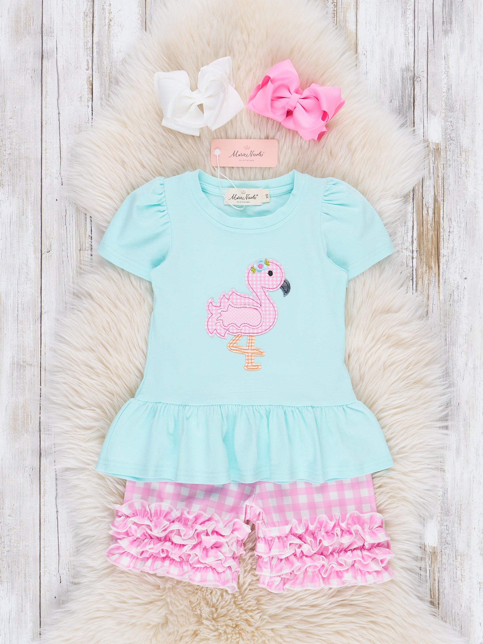 Pink Gingham Flamingo Ruffle Outfit - Marie Nicole Clothing