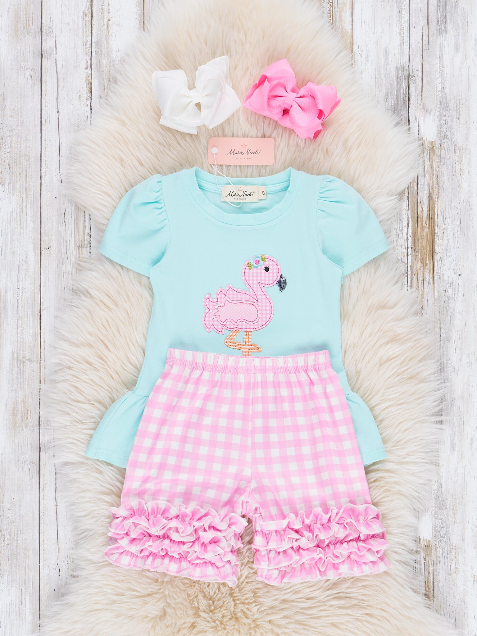 Pink Gingham Flamingo Ruffle Outfit - Marie Nicole Clothing
