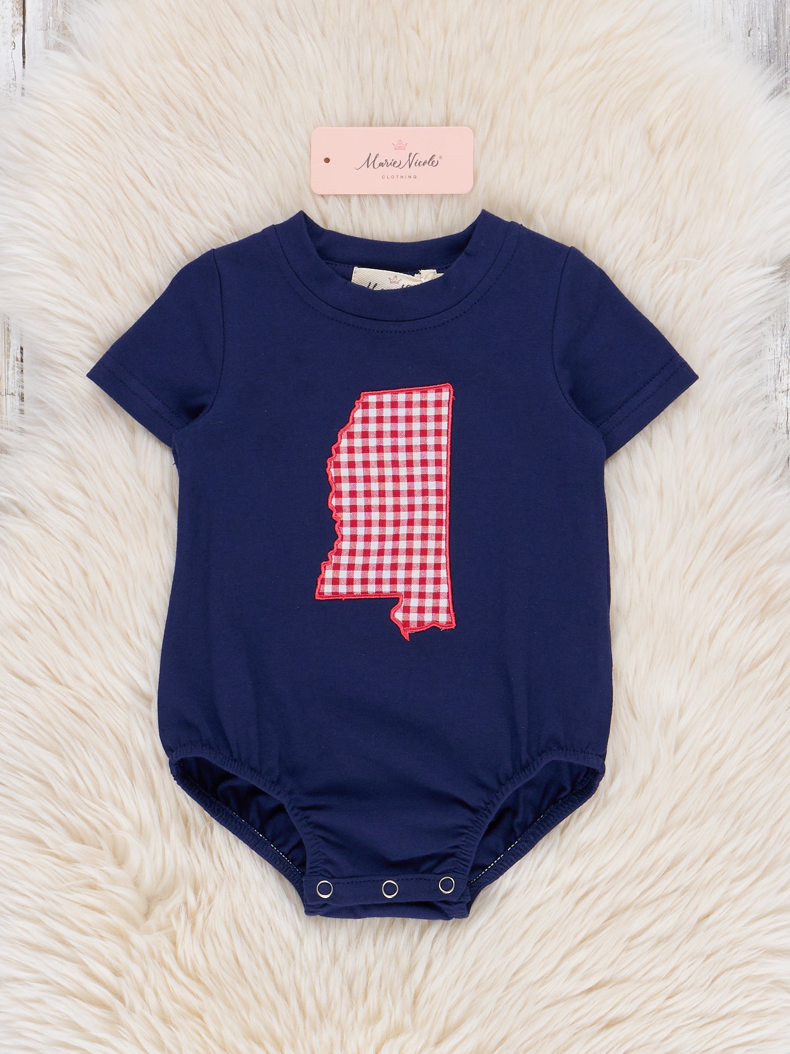 Mississippi Embroidered Gingham Bubble Romper - Marie Nicole Clothing