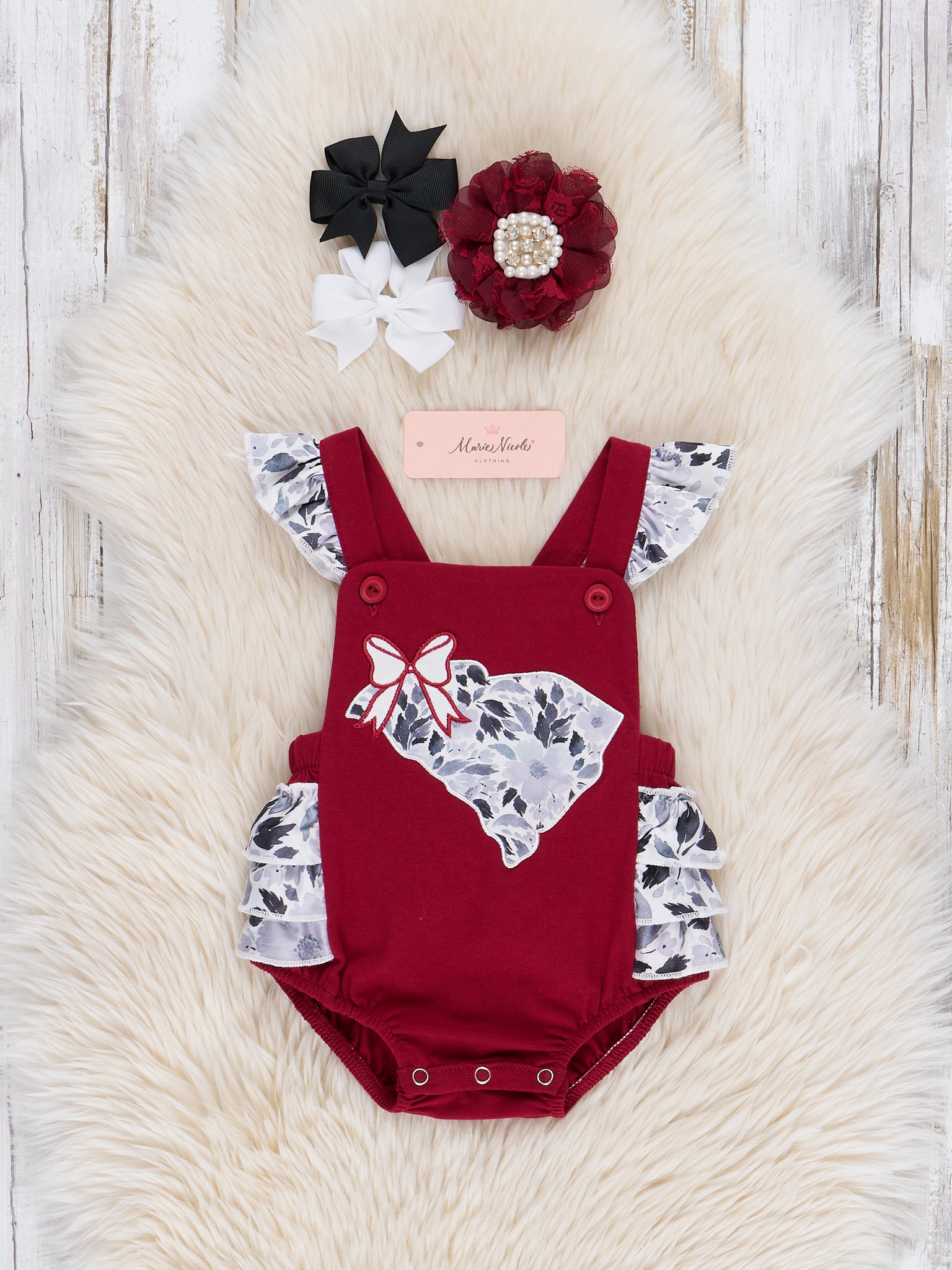 South Carolina Embroidered Floral Ruffle Bubble Romper - Marie Nicole Clothing