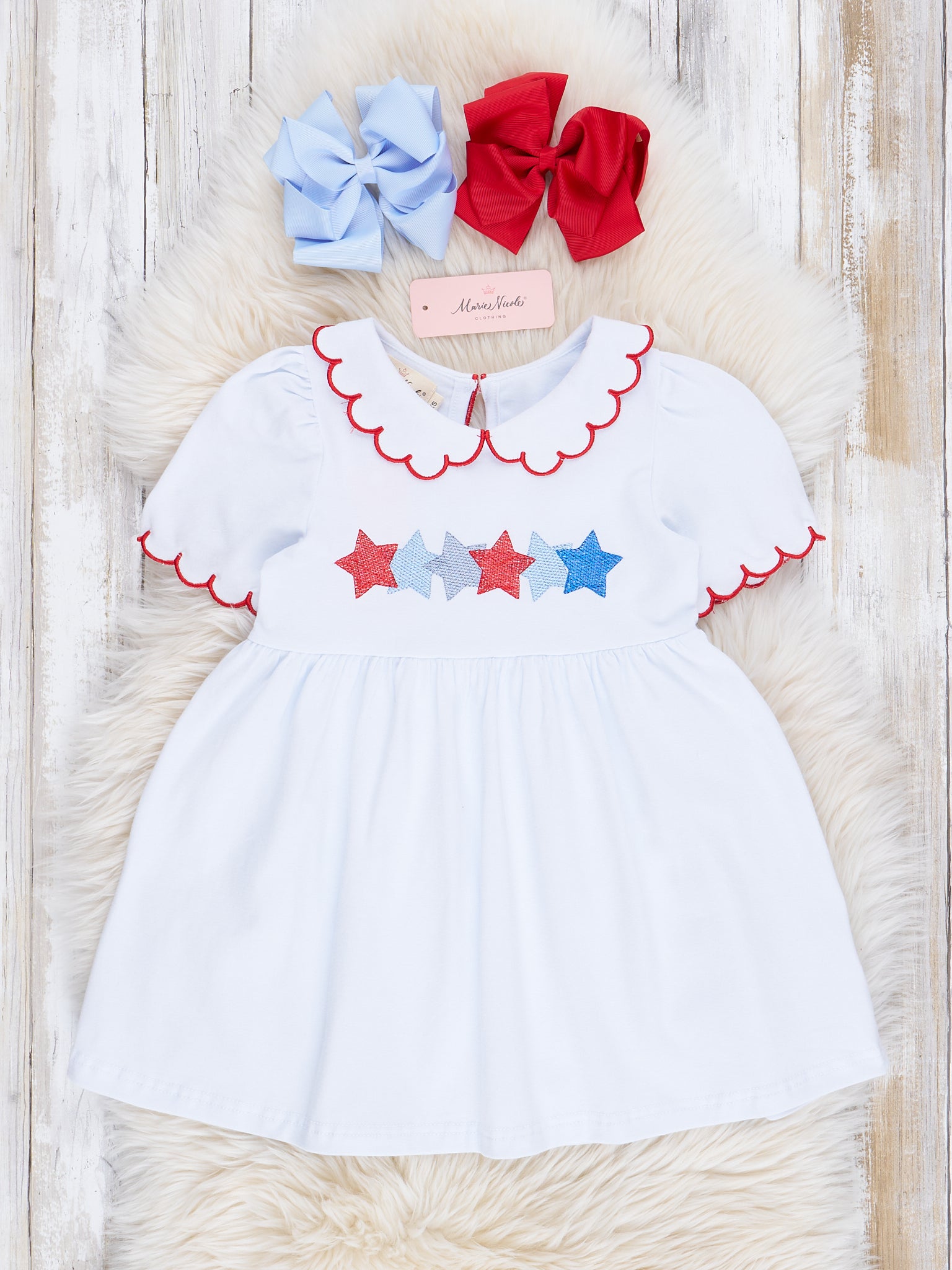 Red & White Embroidered Stars Dress - Marie Nicole Clothing