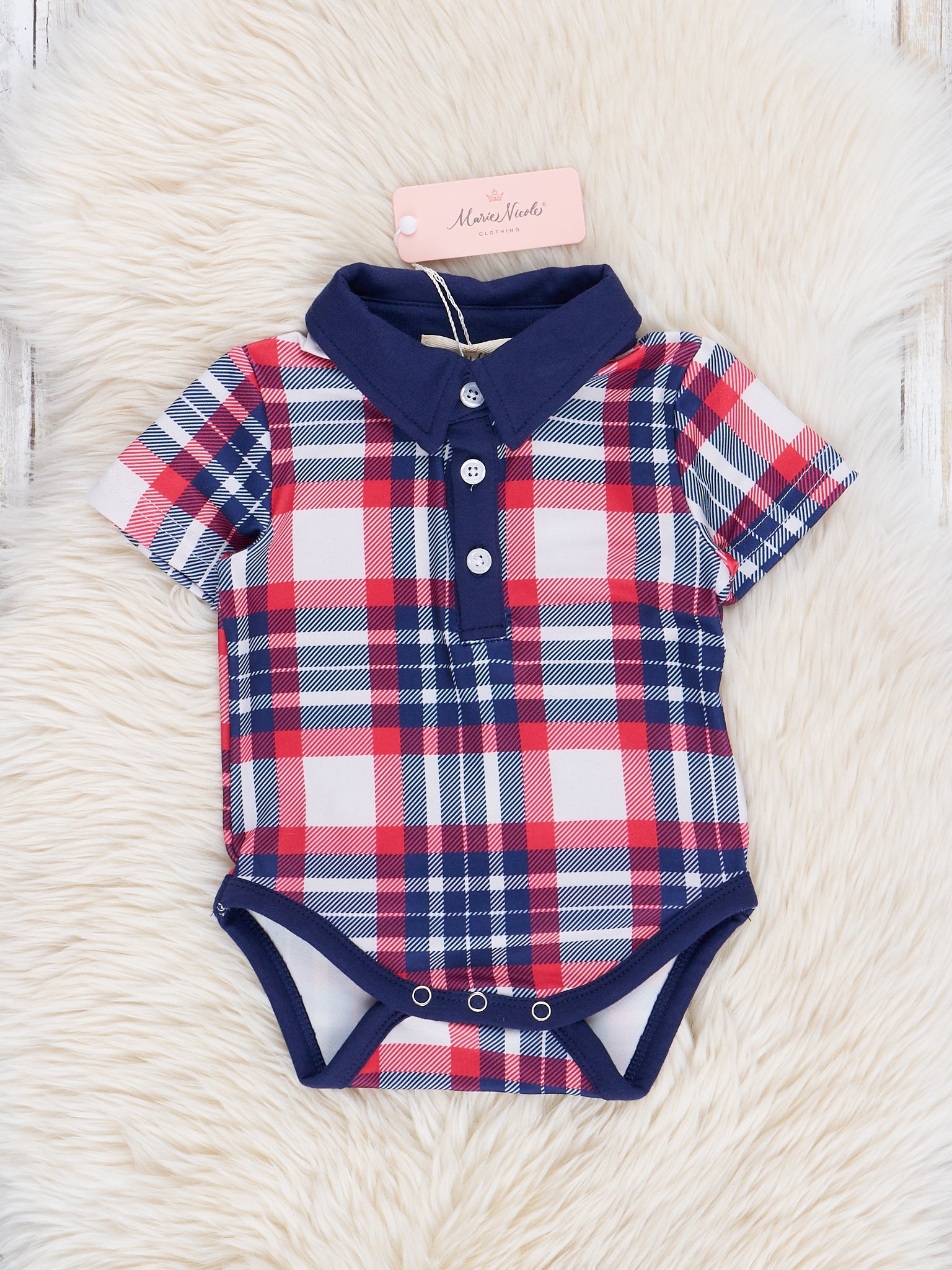 Navy & Red Plaid Polo Romper - Marie Nicole Clothing
