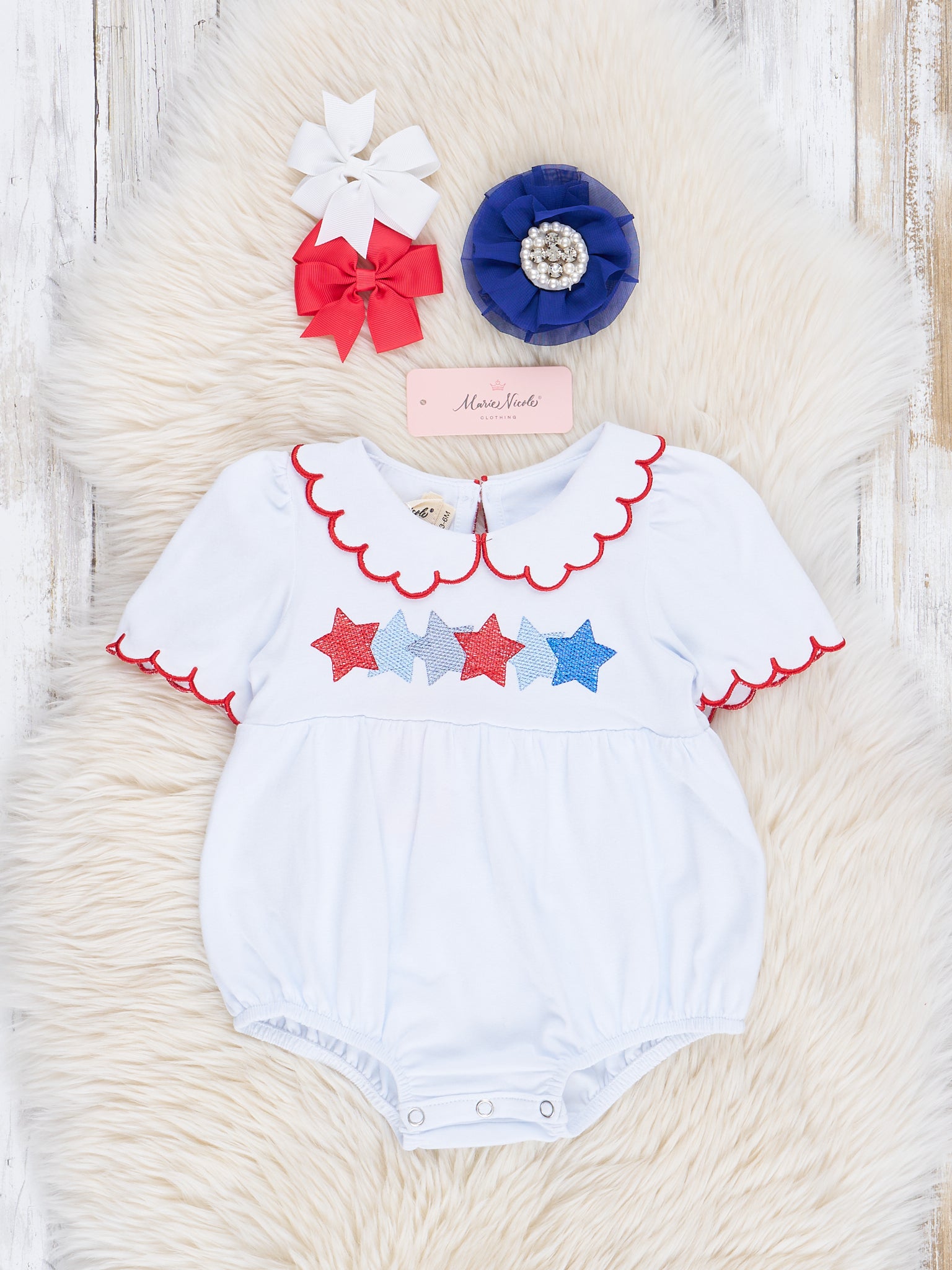 Red & White Embroidered Stars Bubble Romper - Marie Nicole Clothing