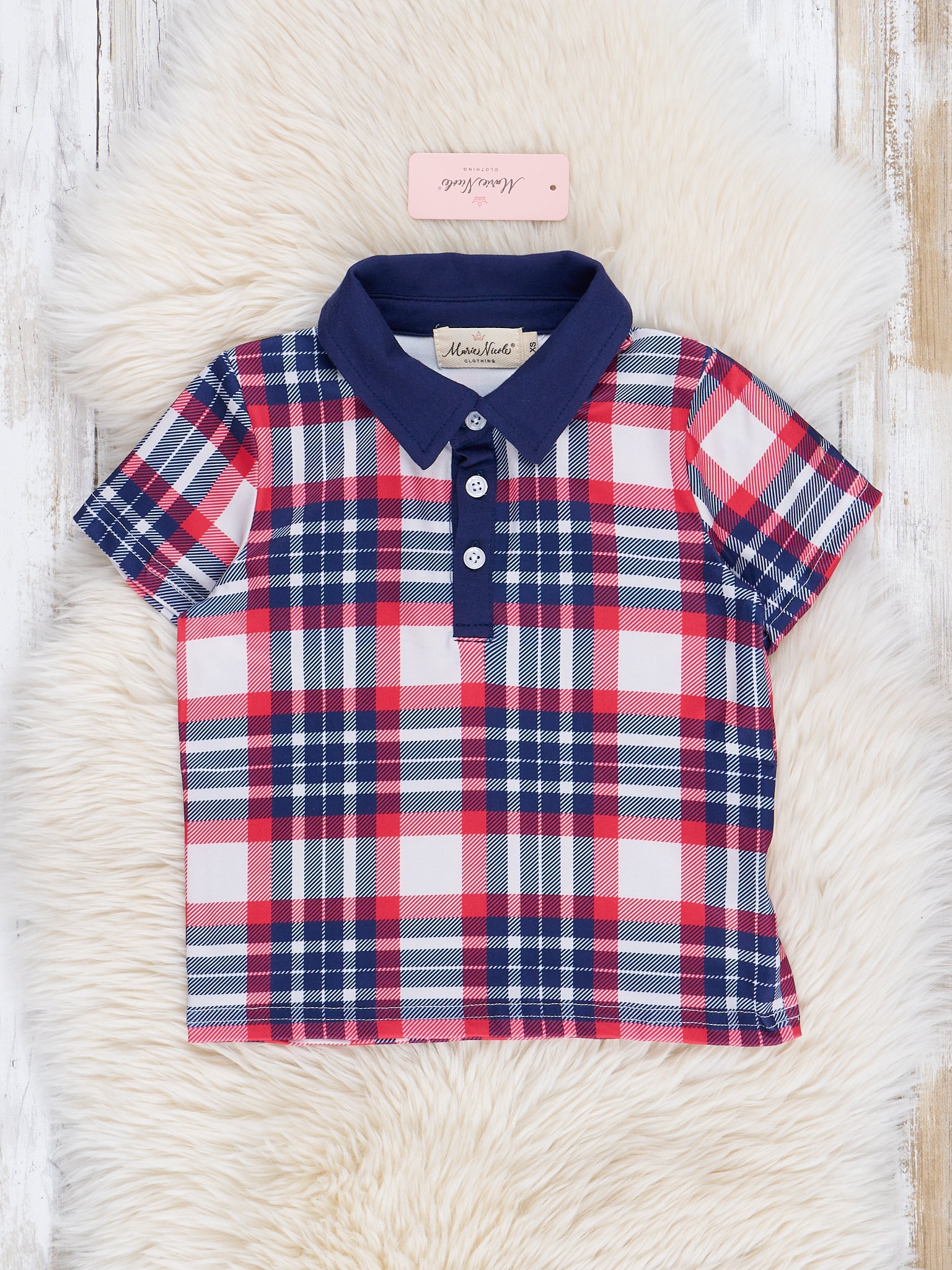 Navy & Red Plaid Polo Shirt - Marie Nicole Clothing