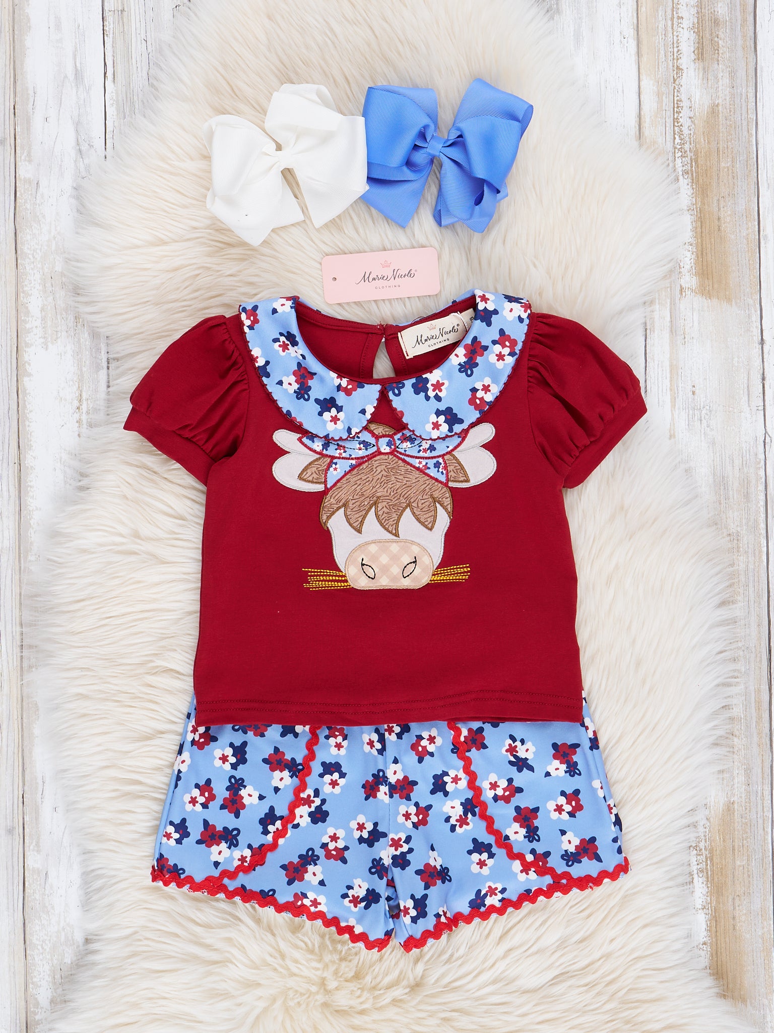 Red & Blue Floral Cow Ruffle Outfit - Marie Nicole Clothing