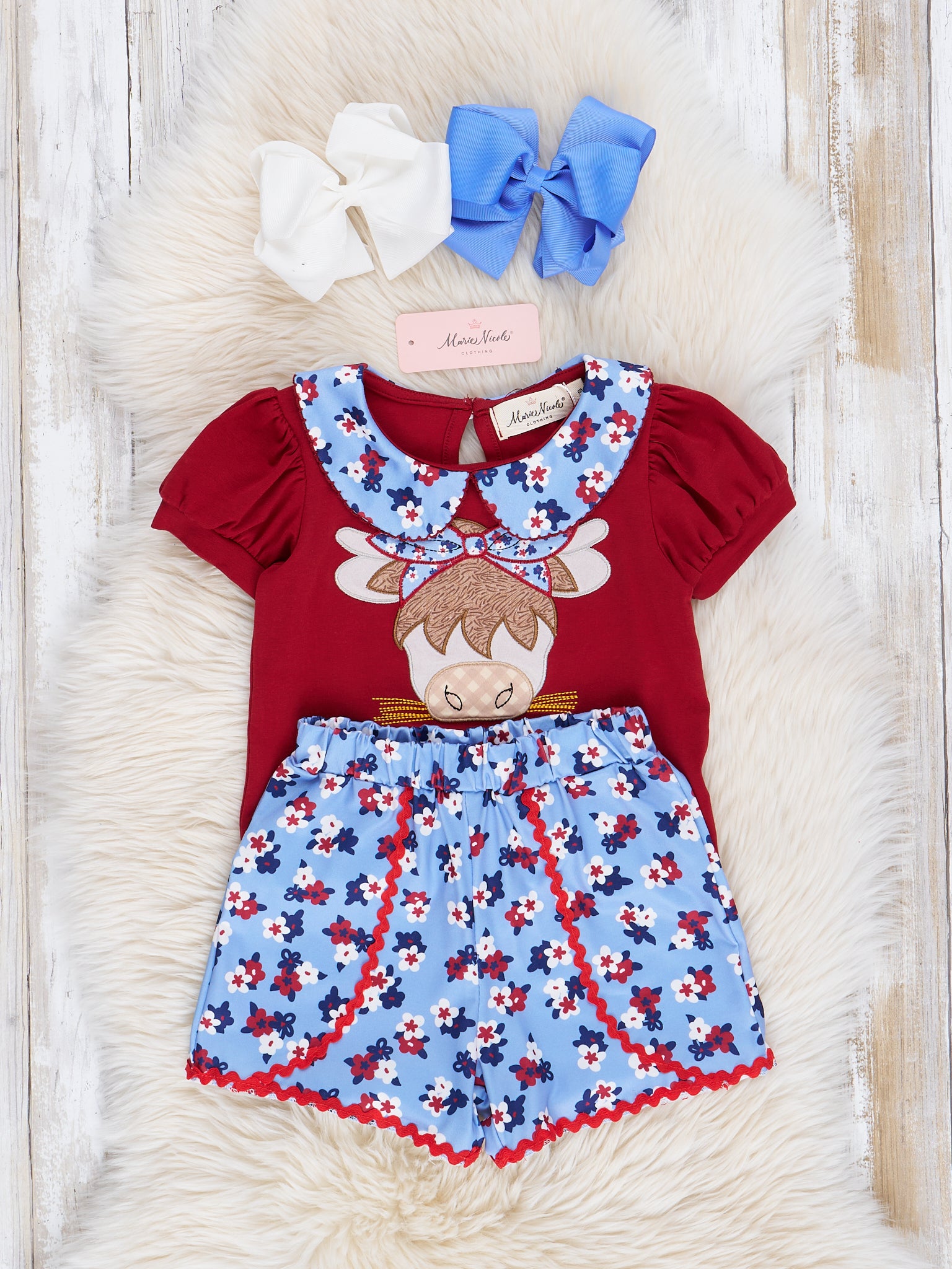 Red & Blue Floral Cow Ruffle Outfit - Marie Nicole Clothing