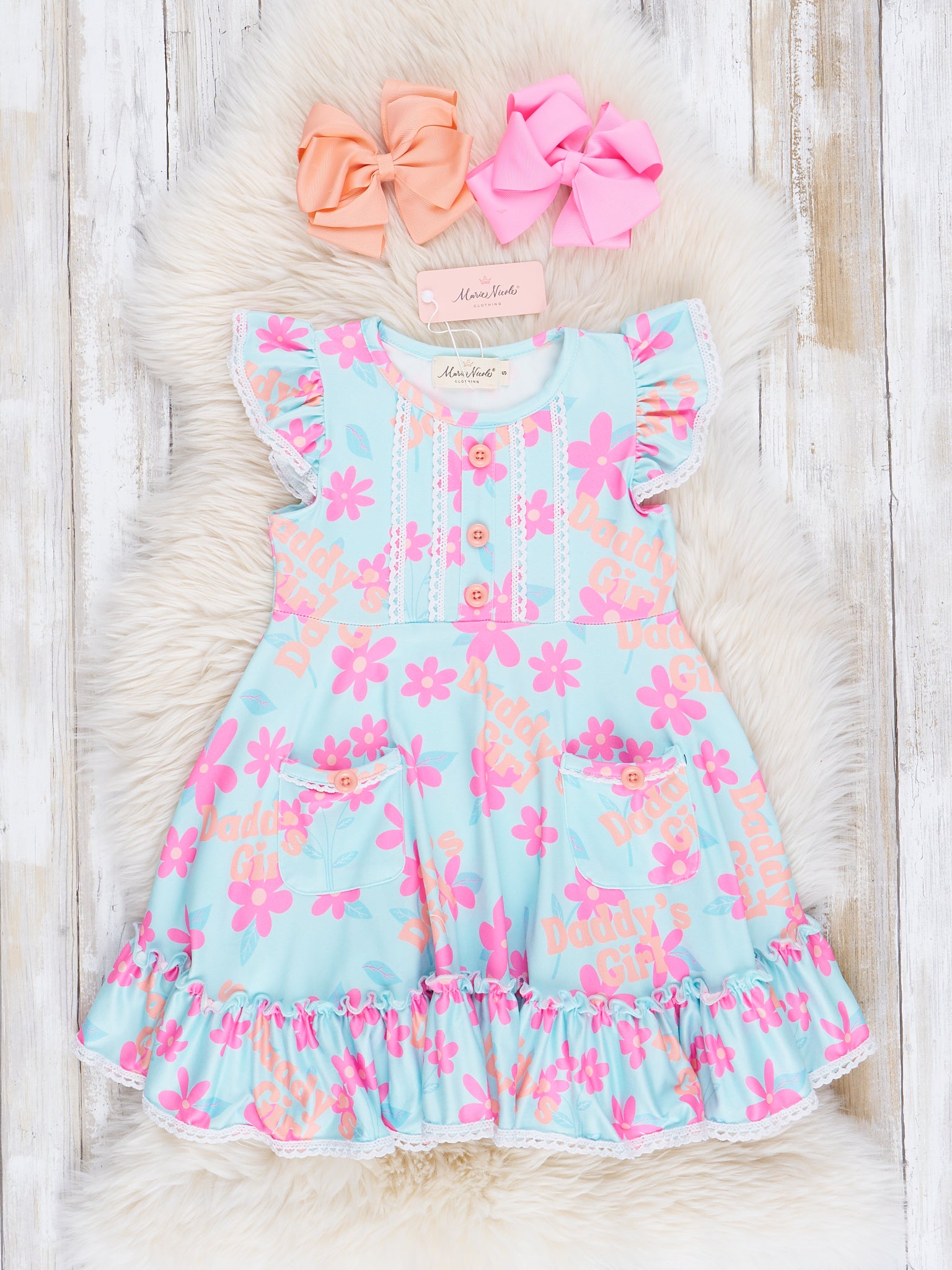 Teal & Pink Daisies Daddy's Girl Ruffle Dress - Marie Nicole Clothing