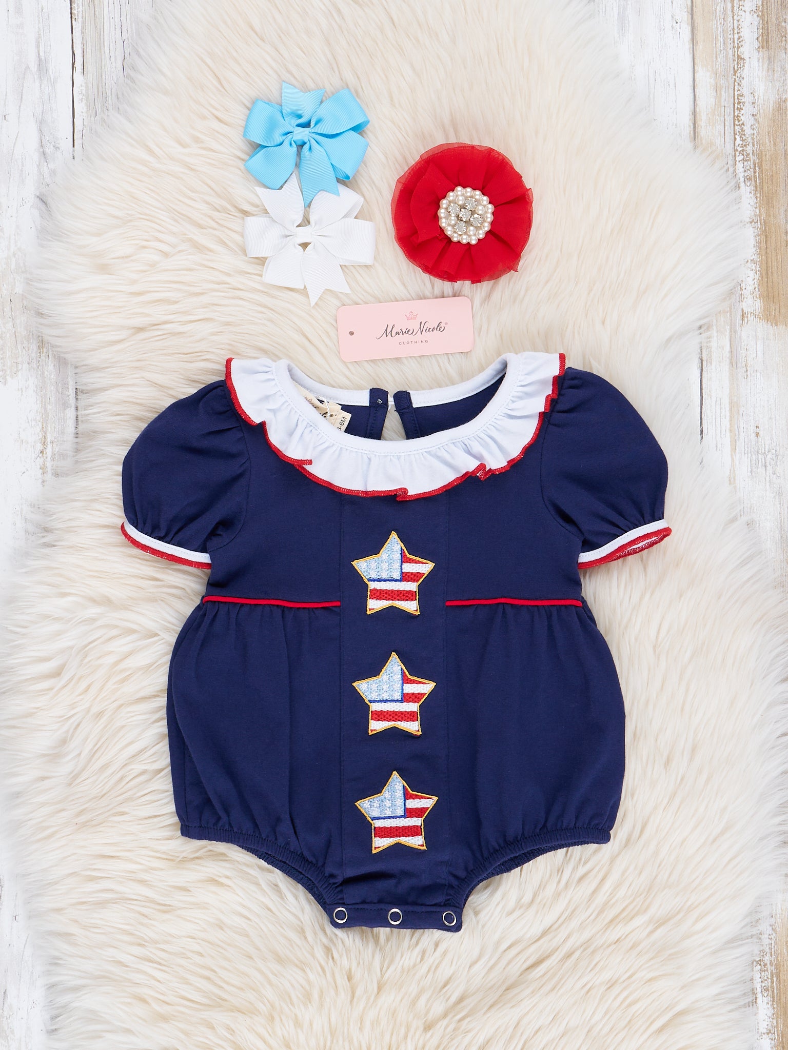 Blue Patriotic Stars Ruffle Bubble Romper - Marie Nicole Clothing