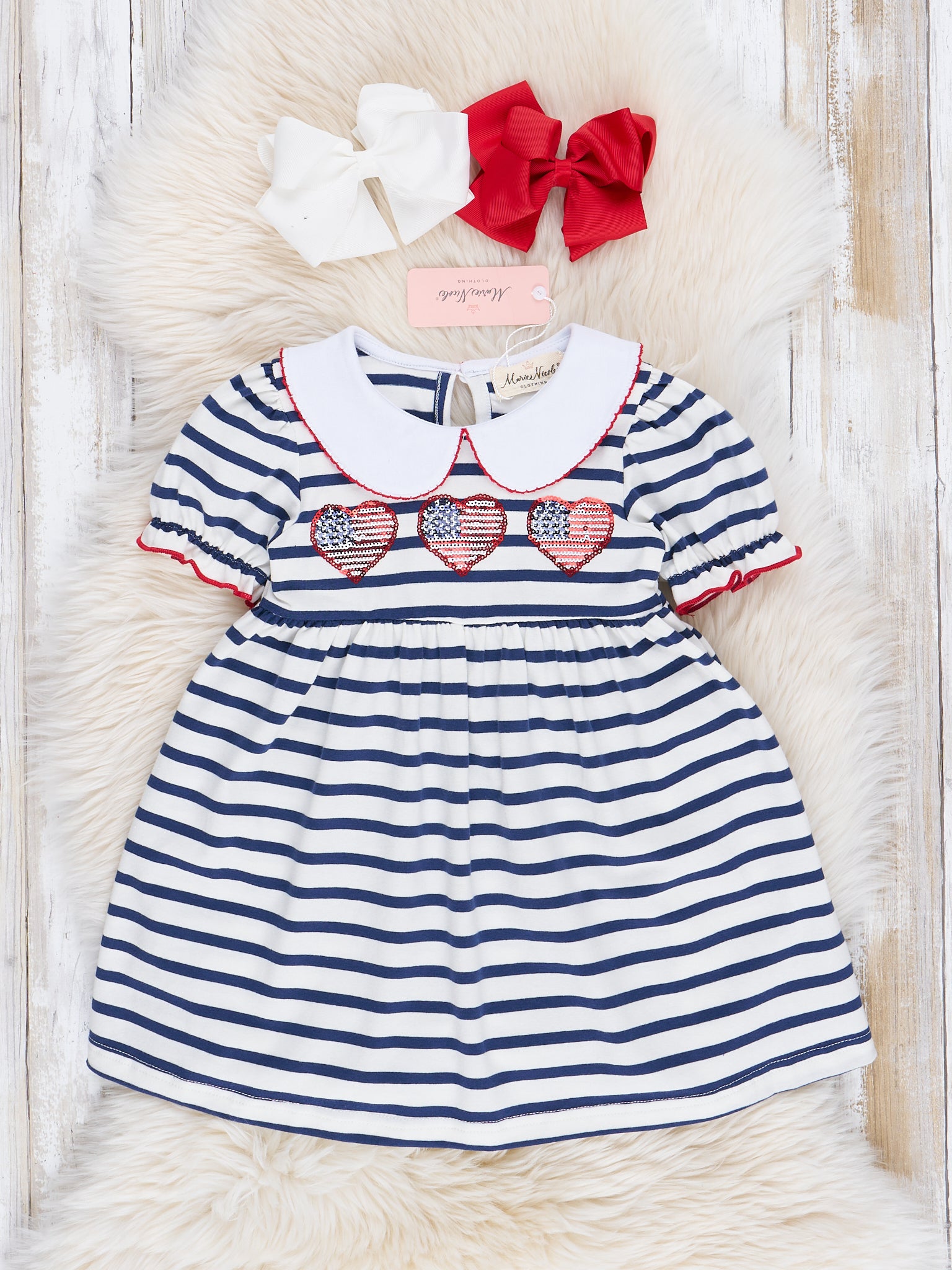 Navy Stripes Patriotic Hearts Dress - Marie Nicole Clothing