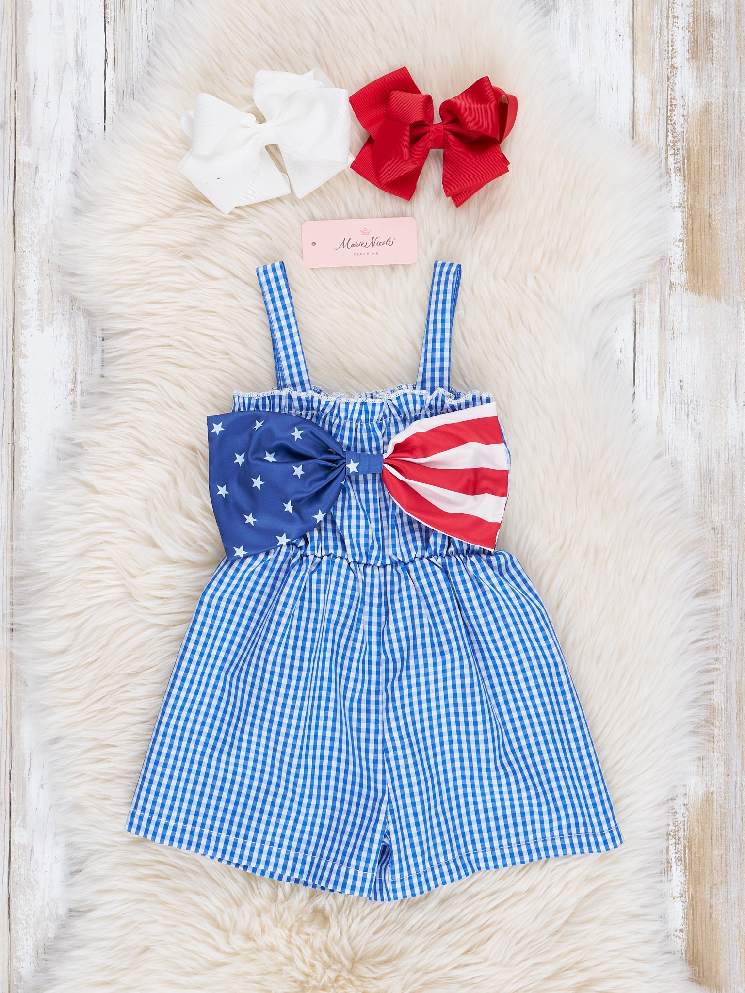 Blue Gingham American Girl Bow Romper - Marie Nicole Clothing