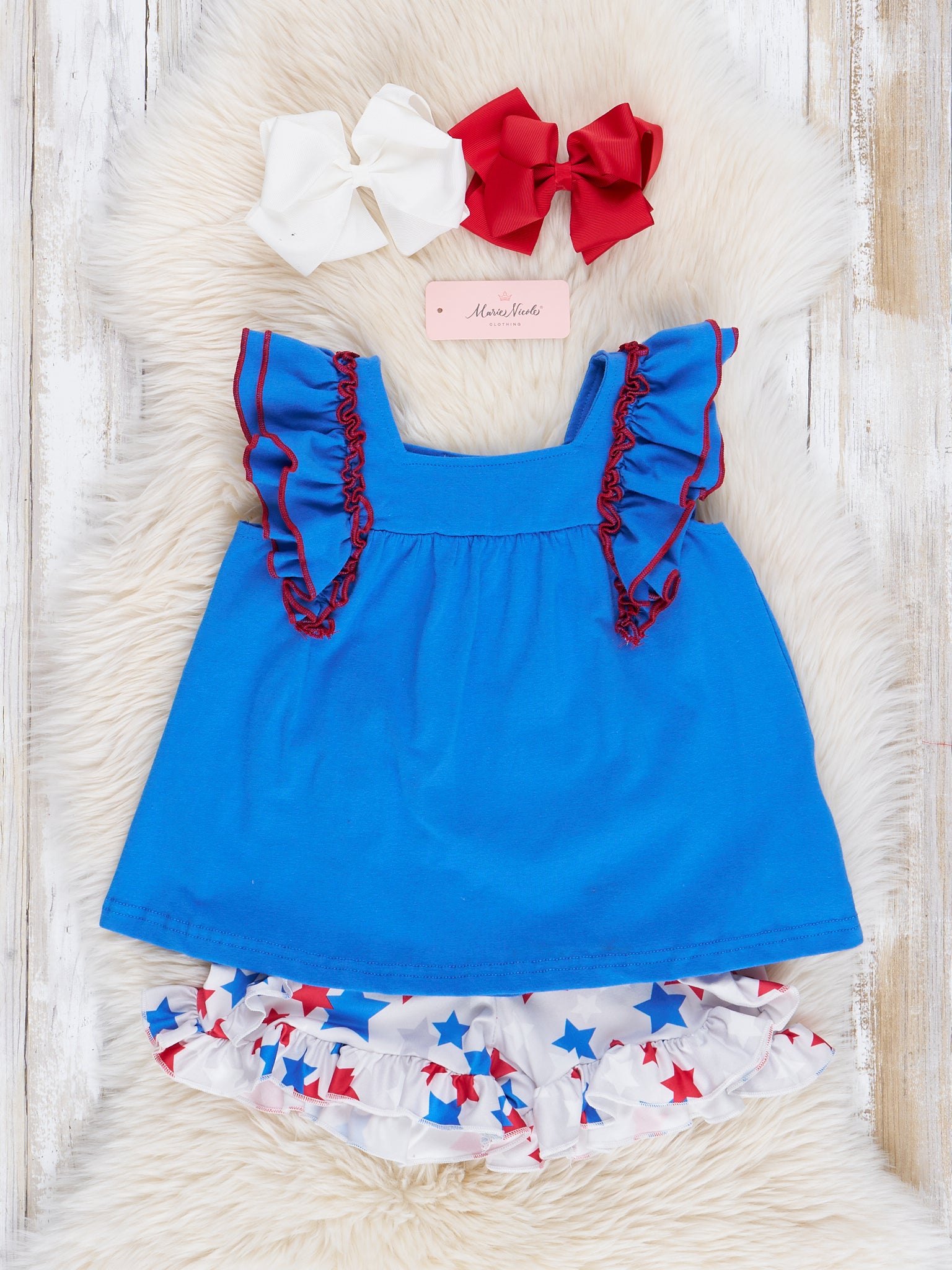 Blue & White Liberty Stars Ruffle Outfit - Marie Nicole Clothing