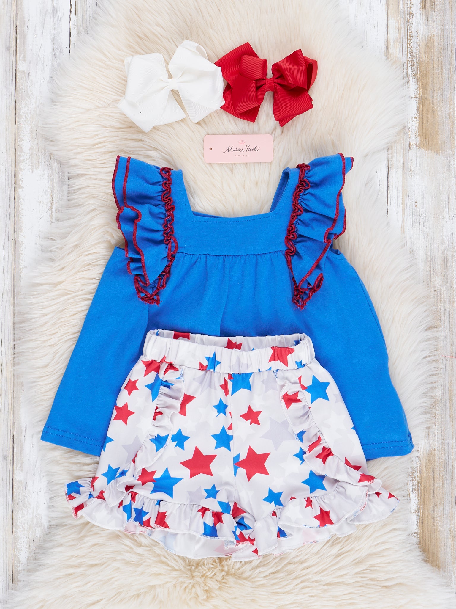 Blue & White Liberty Stars Ruffle Outfit - Marie Nicole Clothing