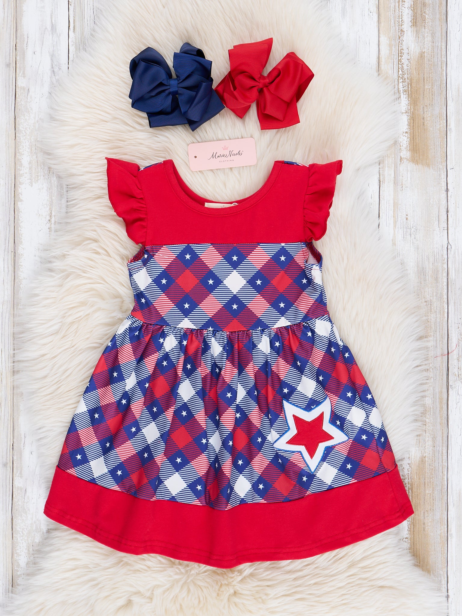 Red Patriotic Plaid Ruffle Dress - Marie Nicole Clothing
