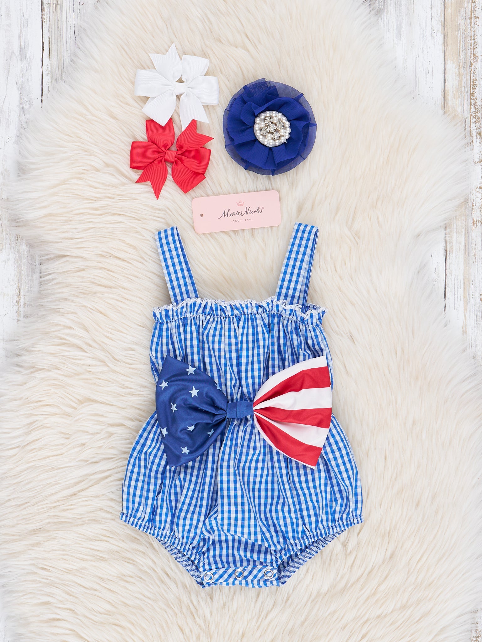 Blue Gingham American Girl Bow Bubble Romper - Marie Nicole Clothing