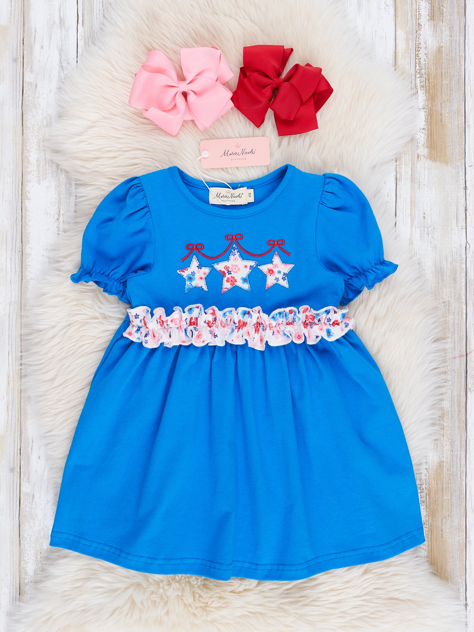 Blue Floral Embroidered Stars Puff Sleeve Dress - Marie Nicole Clothing