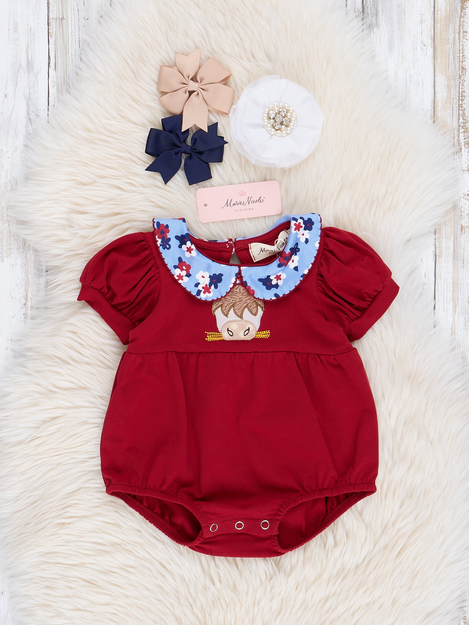 Red & Blue Floral Cow Ruffle Bubble Romper - Marie Nicole Clothing