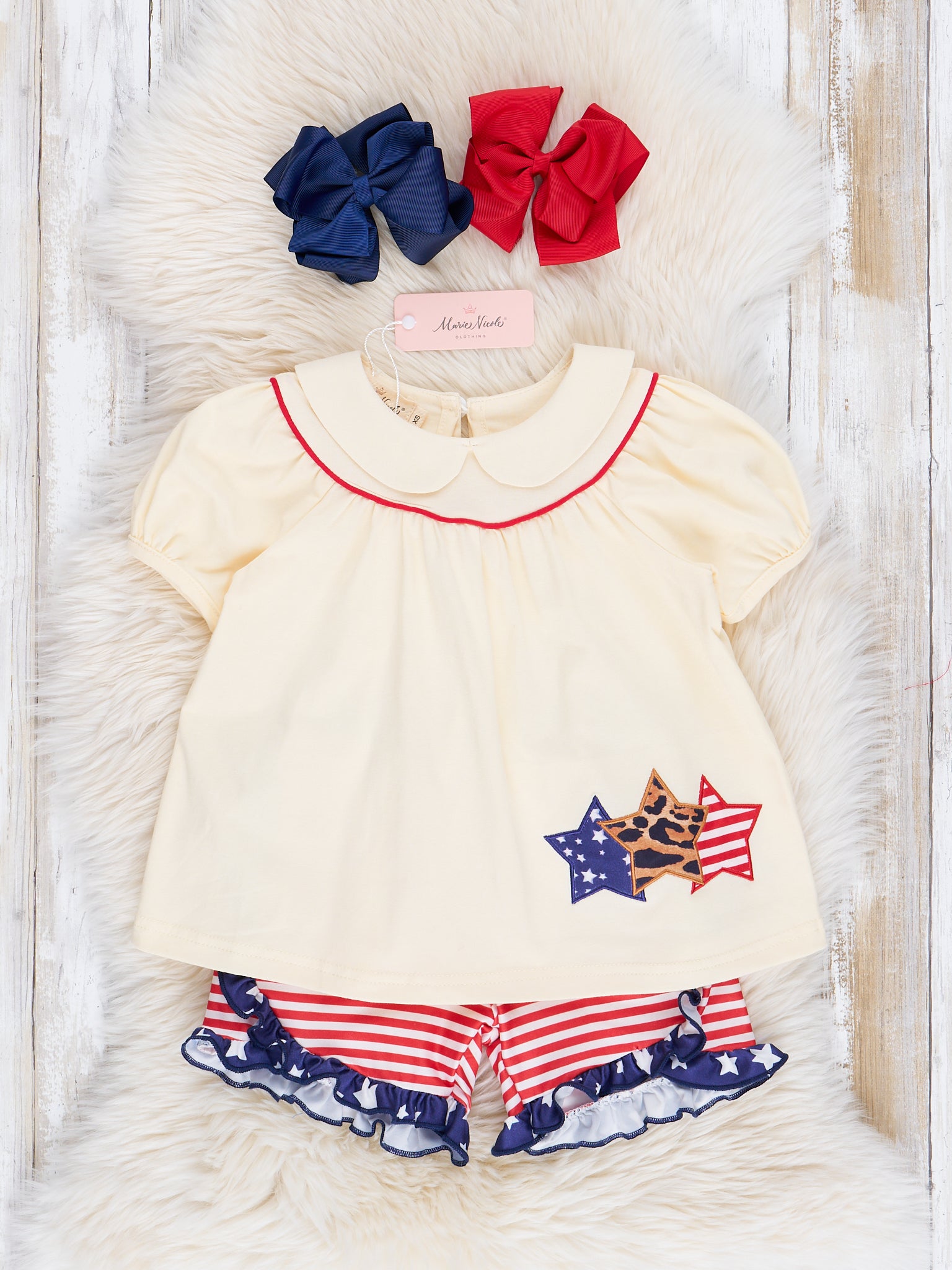 Red, White & Blue Embroidered Stars Ruffle Outfit - Marie Nicole Clothing