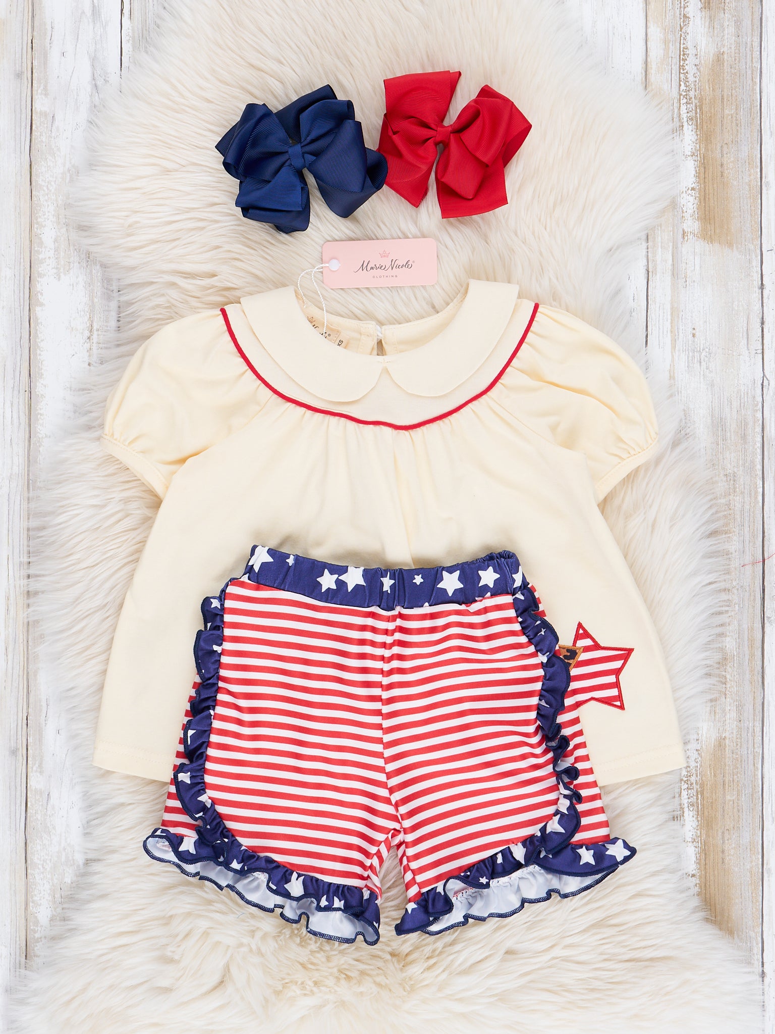 Red, White & Blue Embroidered Stars Ruffle Outfit - Marie Nicole Clothing
