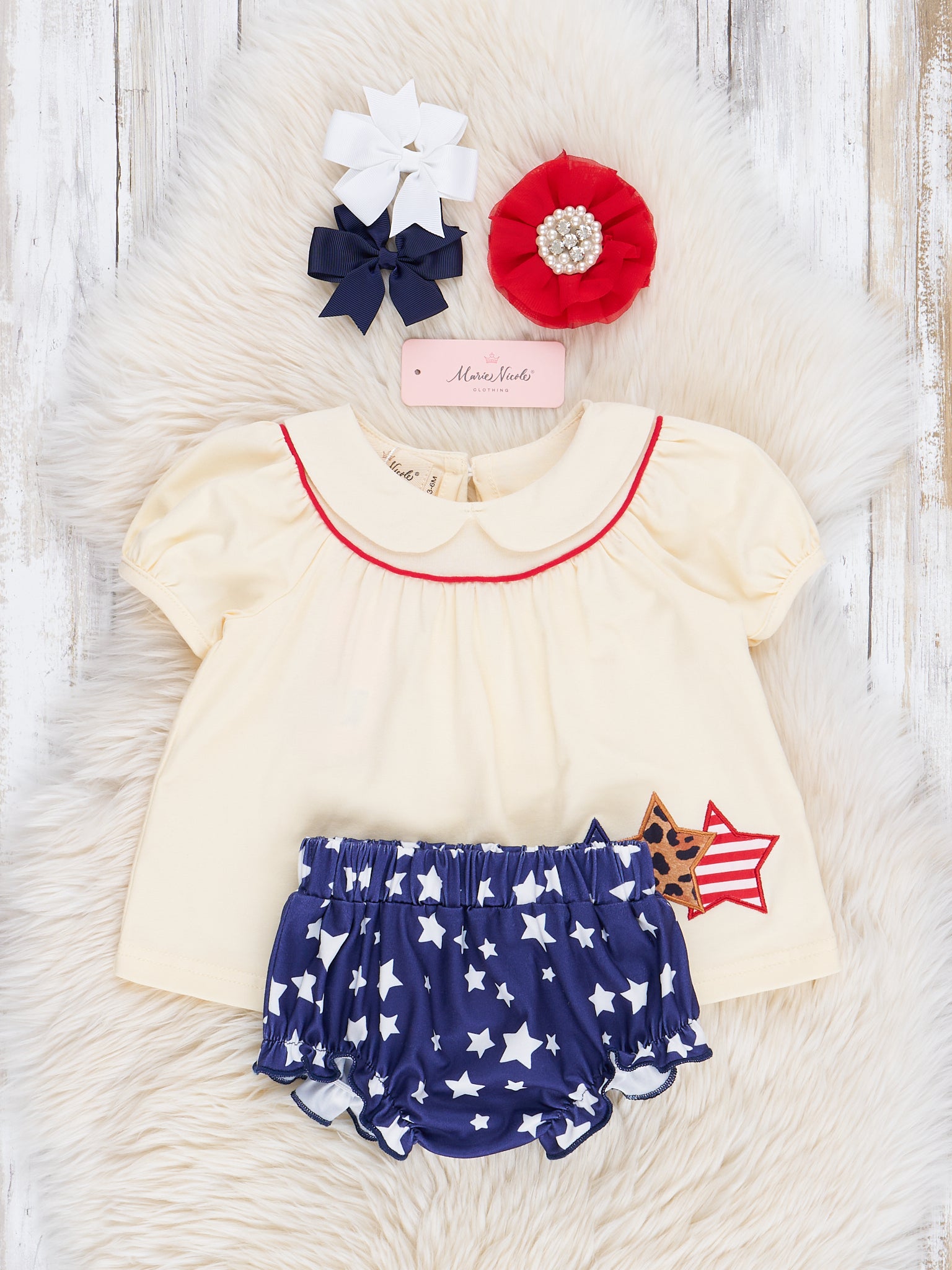 Red, White & Blue Embroidered Stars Bloomers Outfit - Marie Nicole Clothing