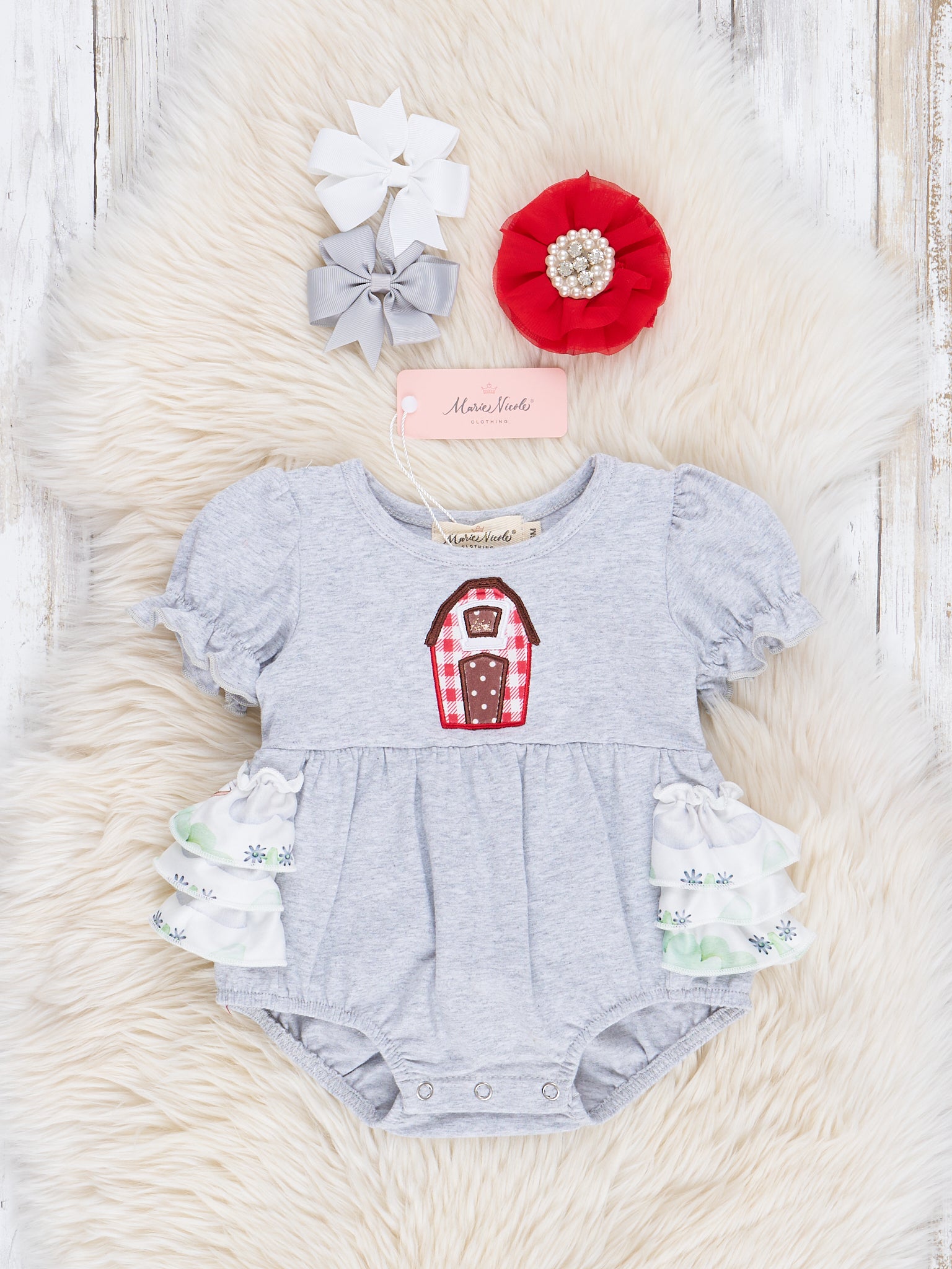 Grey Embroidered Barn Floral Ruffle Bubble Romper - Marie Nicole Clothing