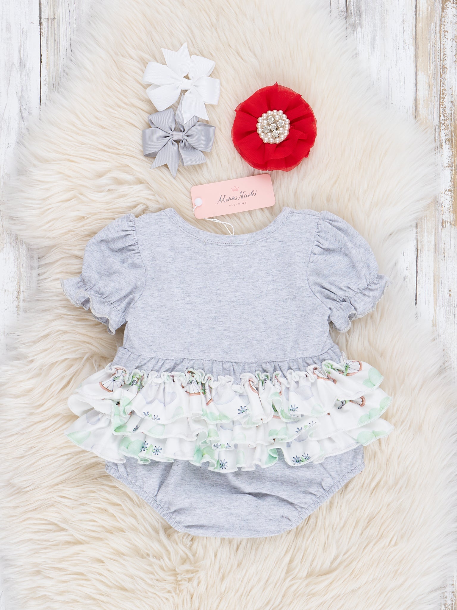 Grey Embroidered Barn Floral Ruffle Bubble Romper - Marie Nicole Clothing