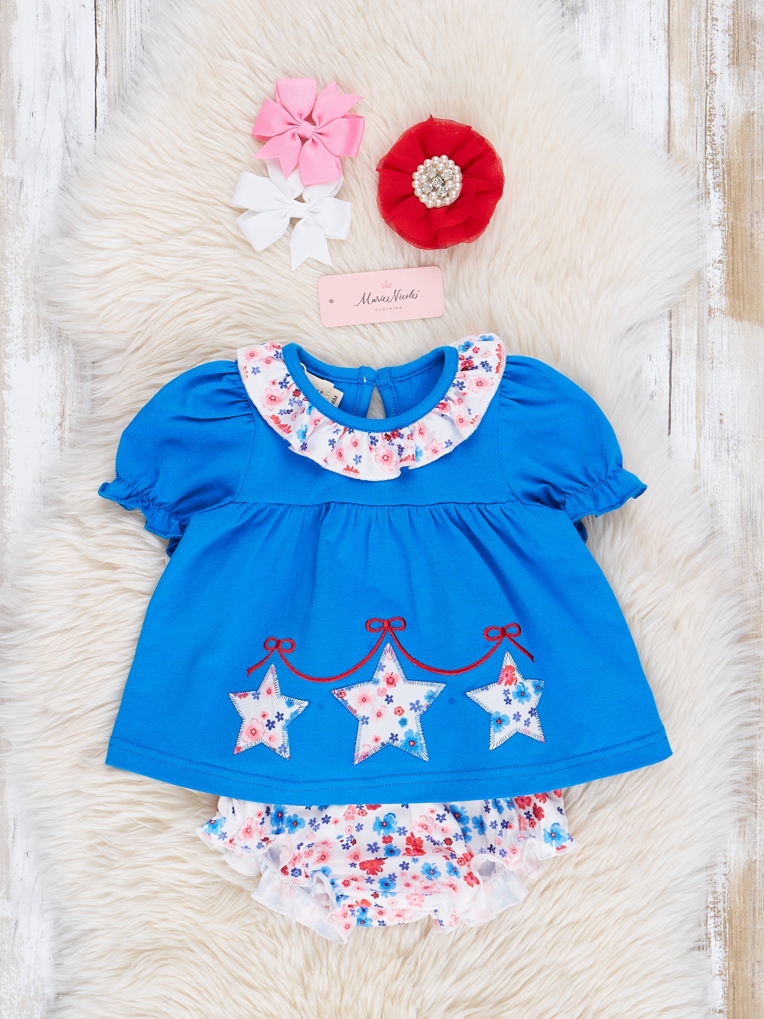 Blue Floral Embroidered Stars Bloomers Outfit - Marie Nicole Clothing