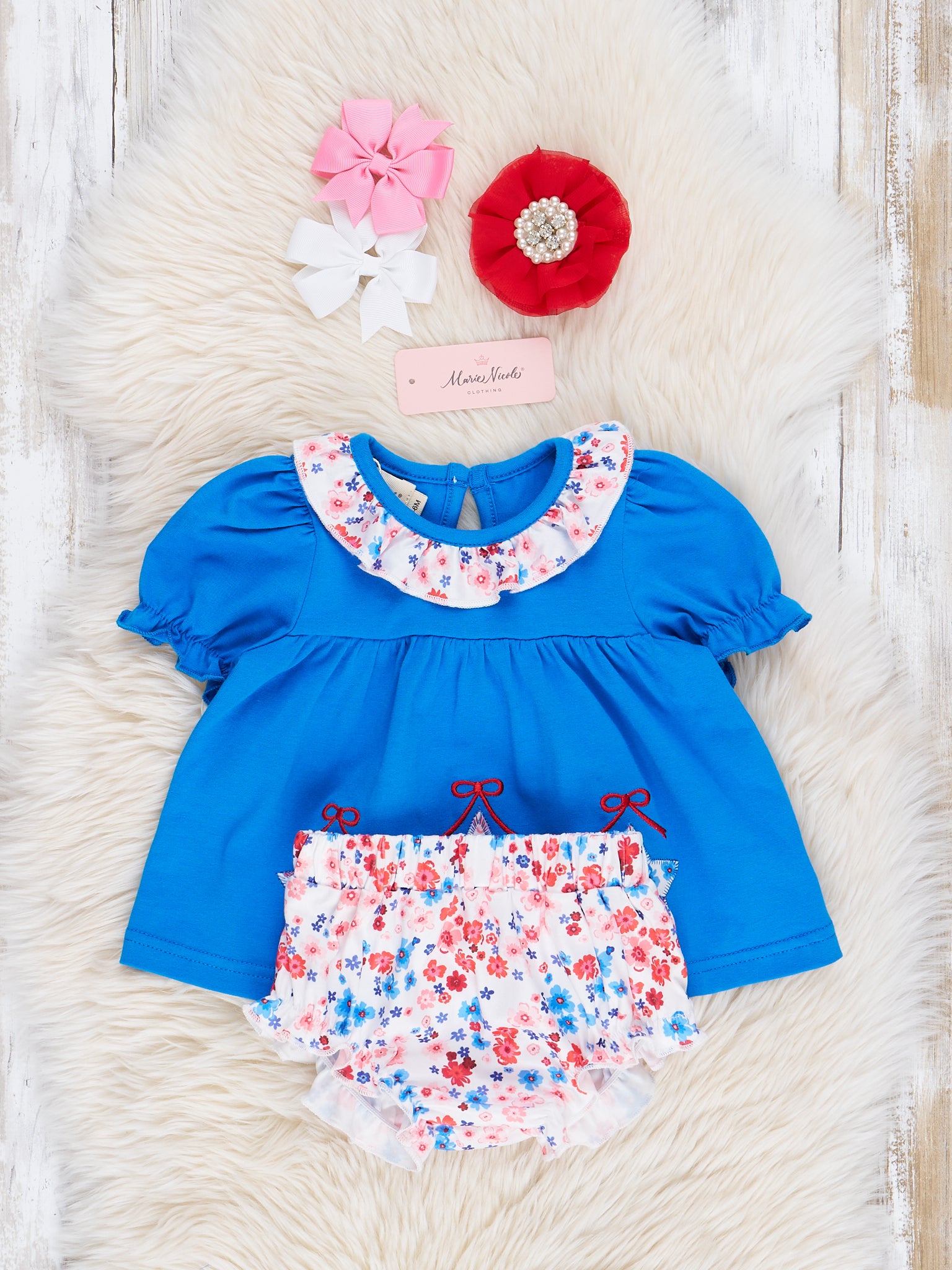 Blue Floral Embroidered Stars Bloomers Outfit - Marie Nicole Clothing