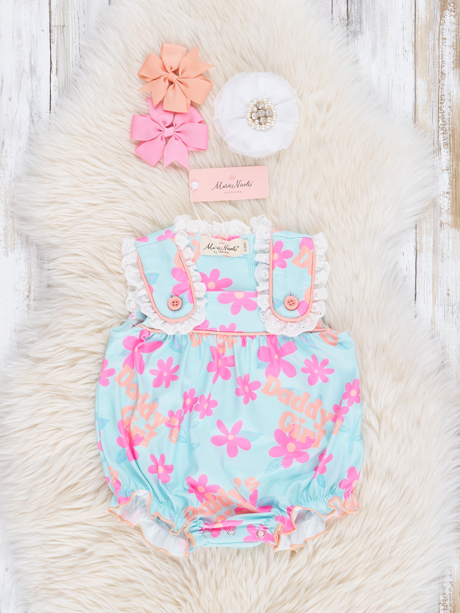 Teal & Pink Daisies Daddy's Girl Ruffle Bubble Romper - Marie Nicole Clothing